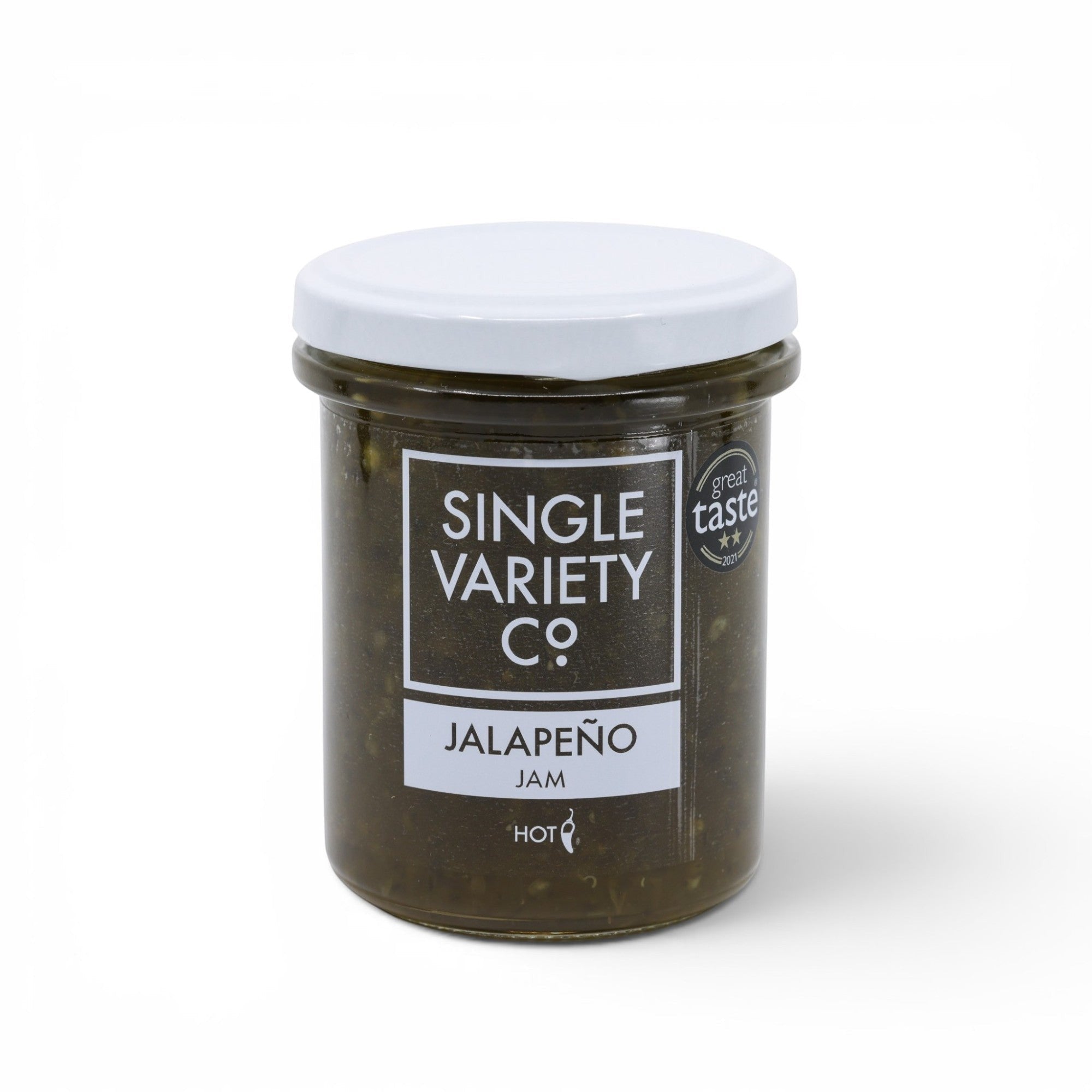 Made In England Jalapeño Jam in a glass jar with a white lid. The label reads 'Single Variety Co Jalapeño Jam Hot' and features a Great Taste Award logo.