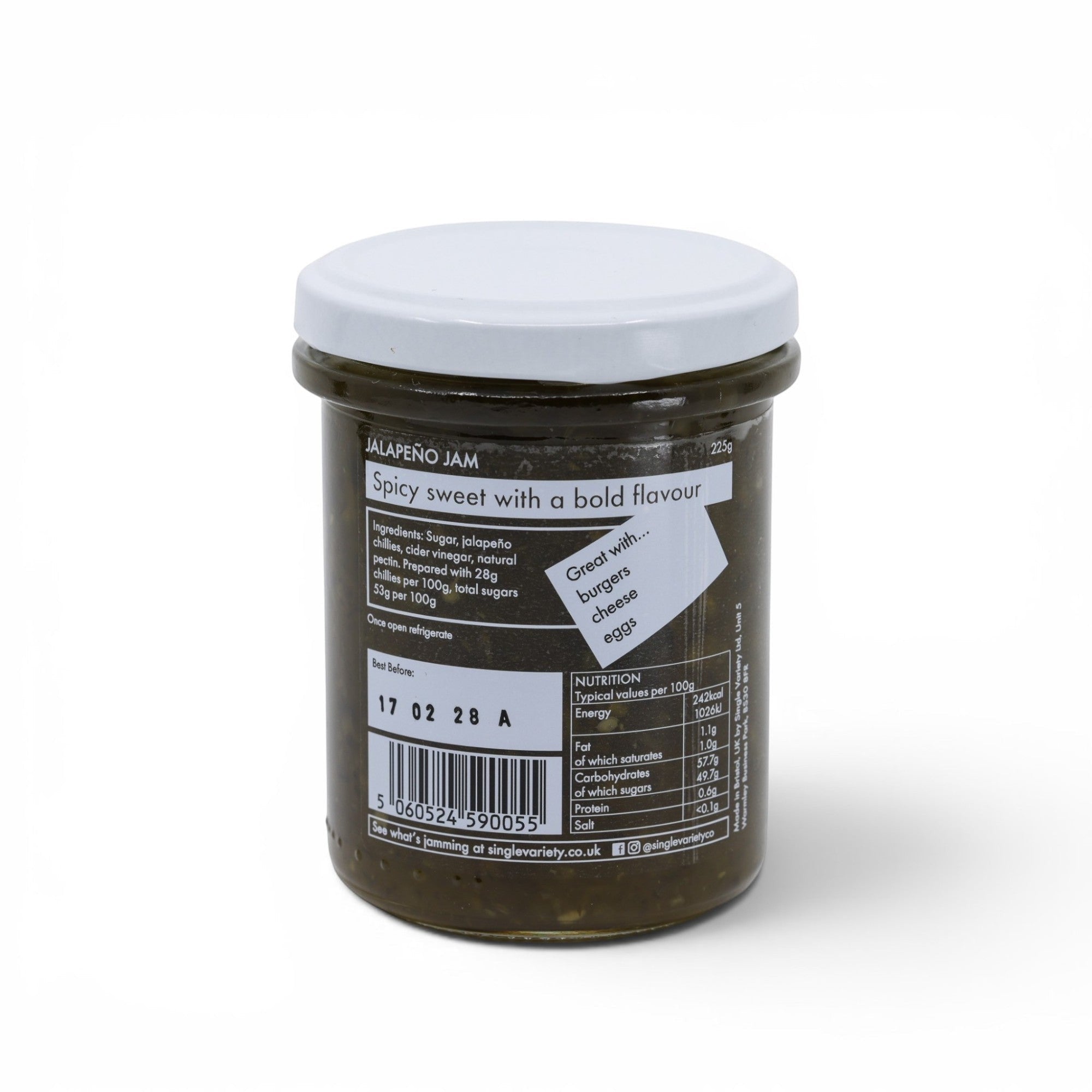 Made In England Jalapeño Jam in a glass jar with a white lid, featuring a label with ingredients, nutrition facts, and serving suggestions.