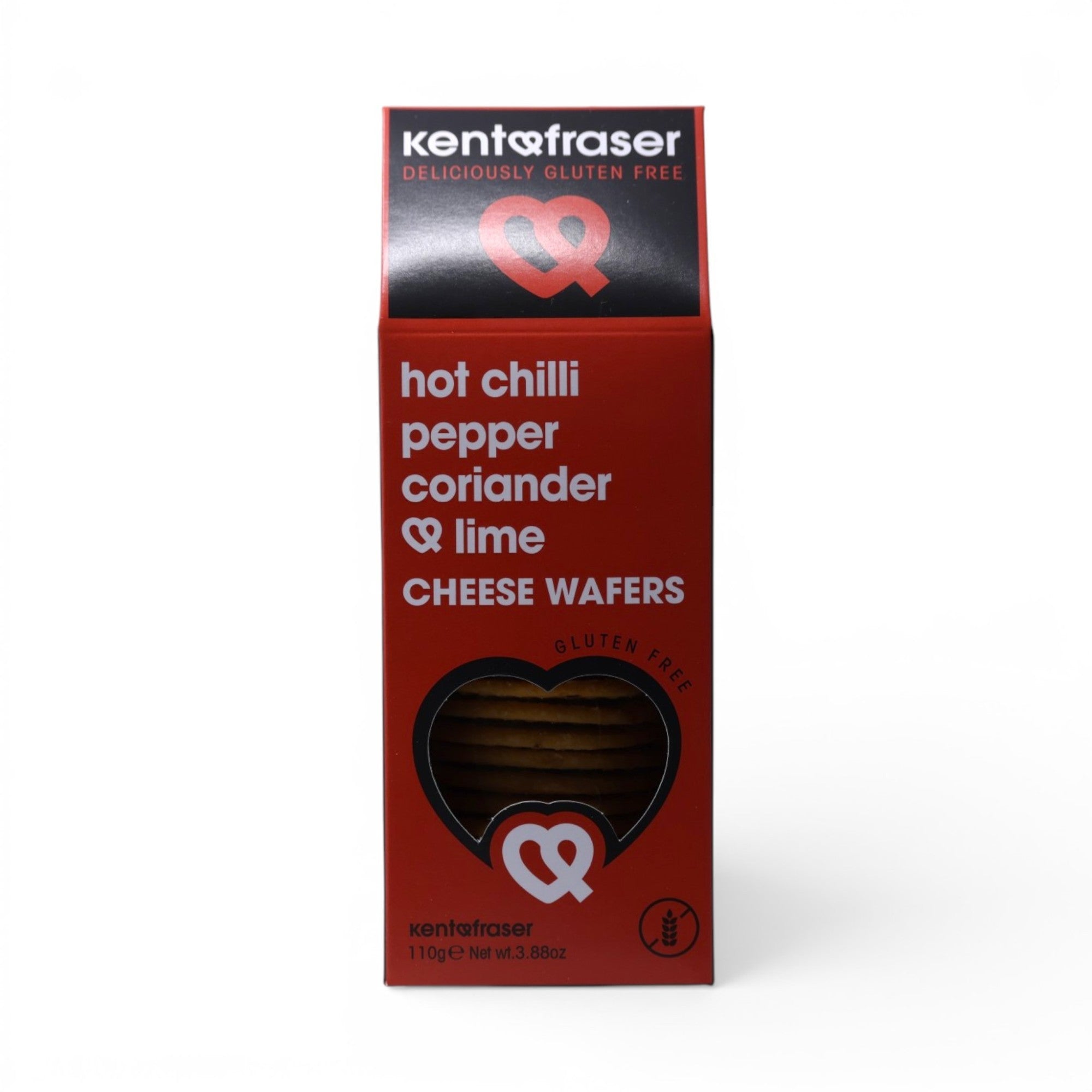 Made In England Kent & Fraser Hot Chilli Pepper Coriander & Lime Cheese Wafers, gluten-free, 110g.