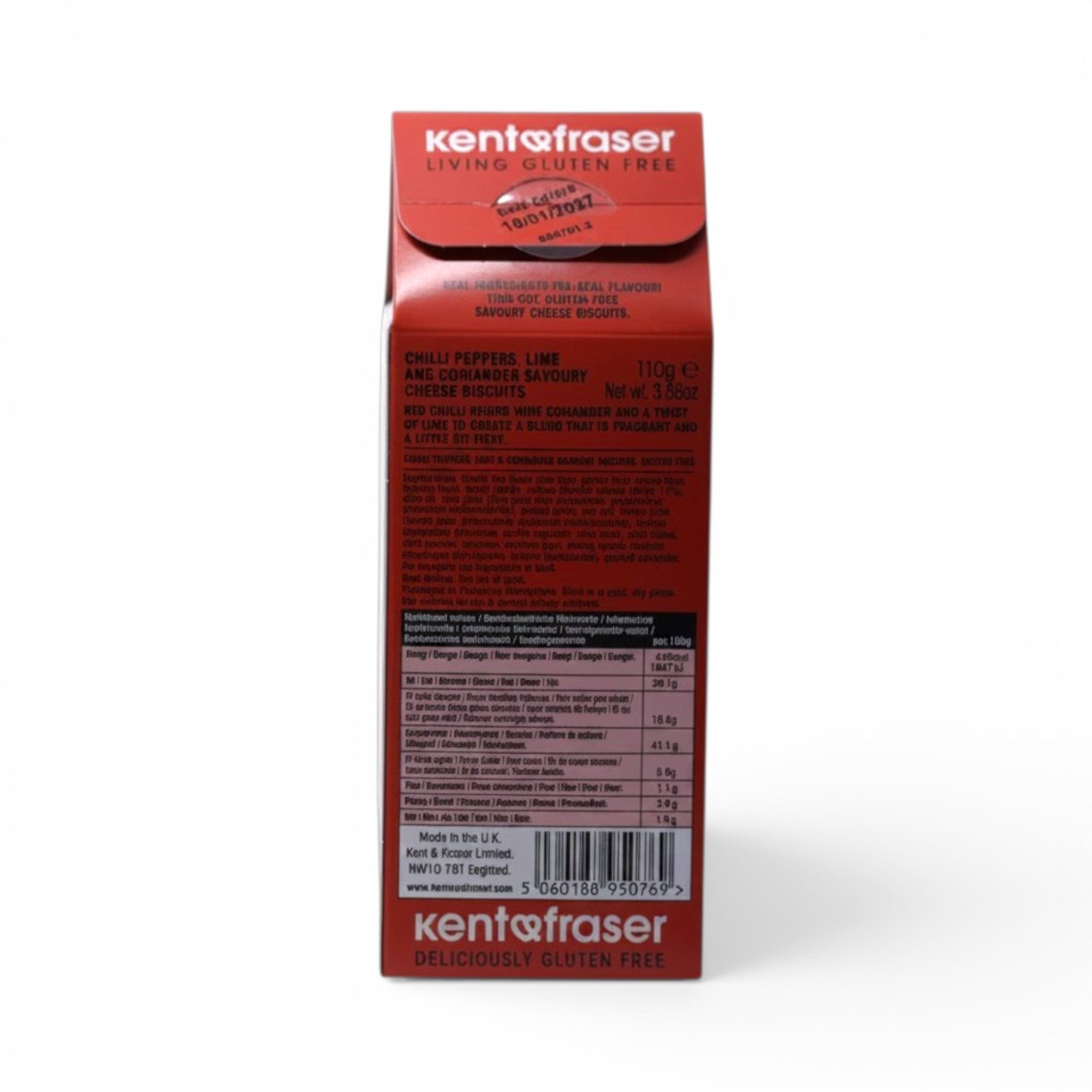 Made In England Kent & Fraser Hot Chilli Pepper Coriander & Lime Cheese Wafers, gluten-free, 110g box.