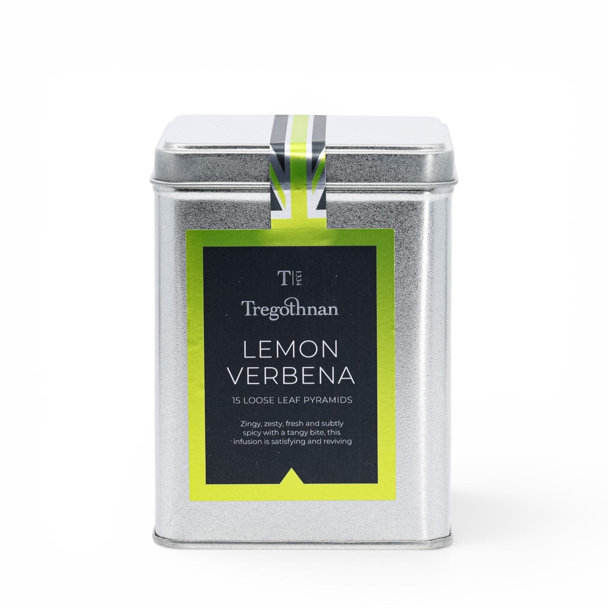 Made In England Tregothnan Lemon Verbena loose leaf tea pyramids in a silver tin with green and white label.