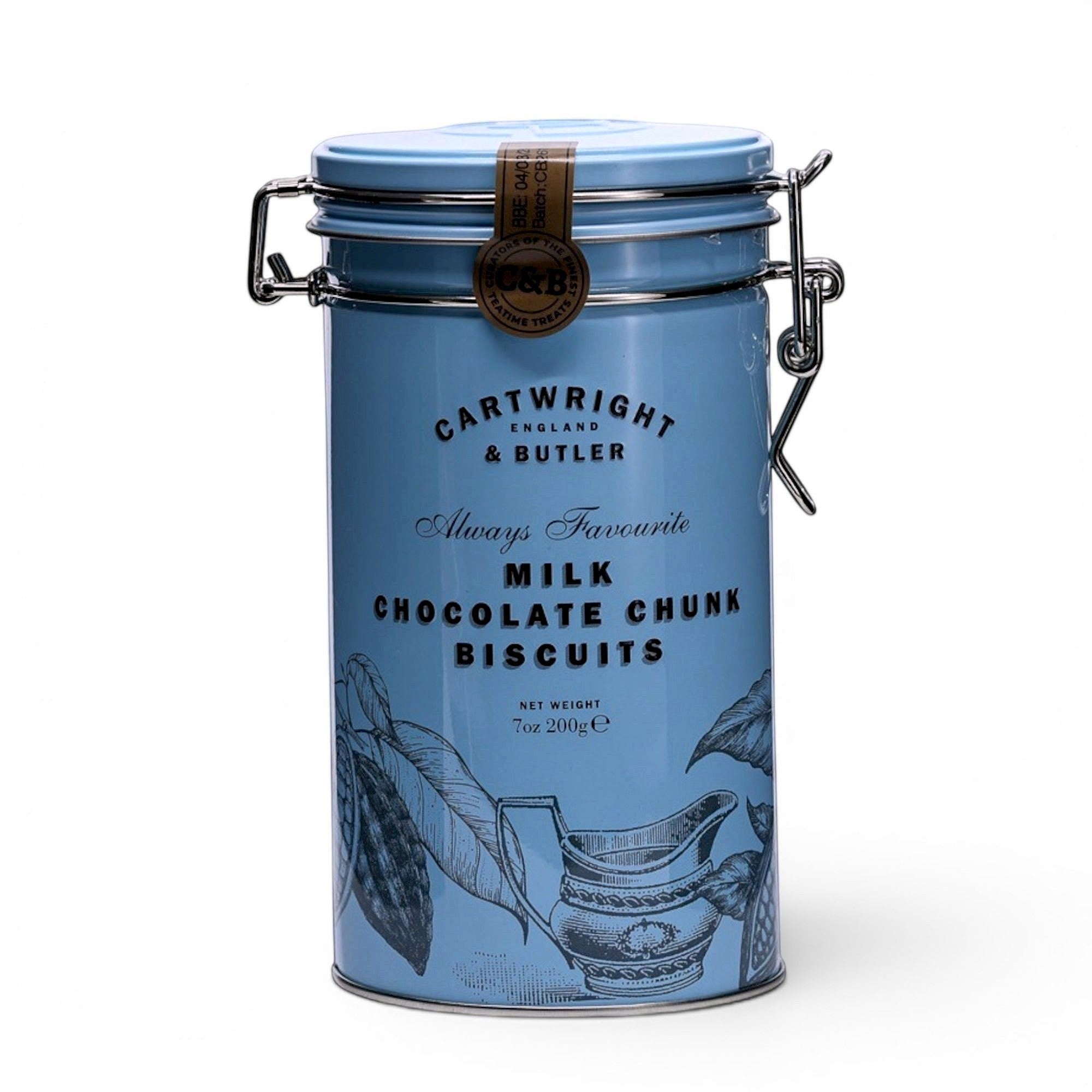 Made In England light blue tin of Cartwright & Butler milk chocolate chunk biscuits, featuring botanical illustrations.