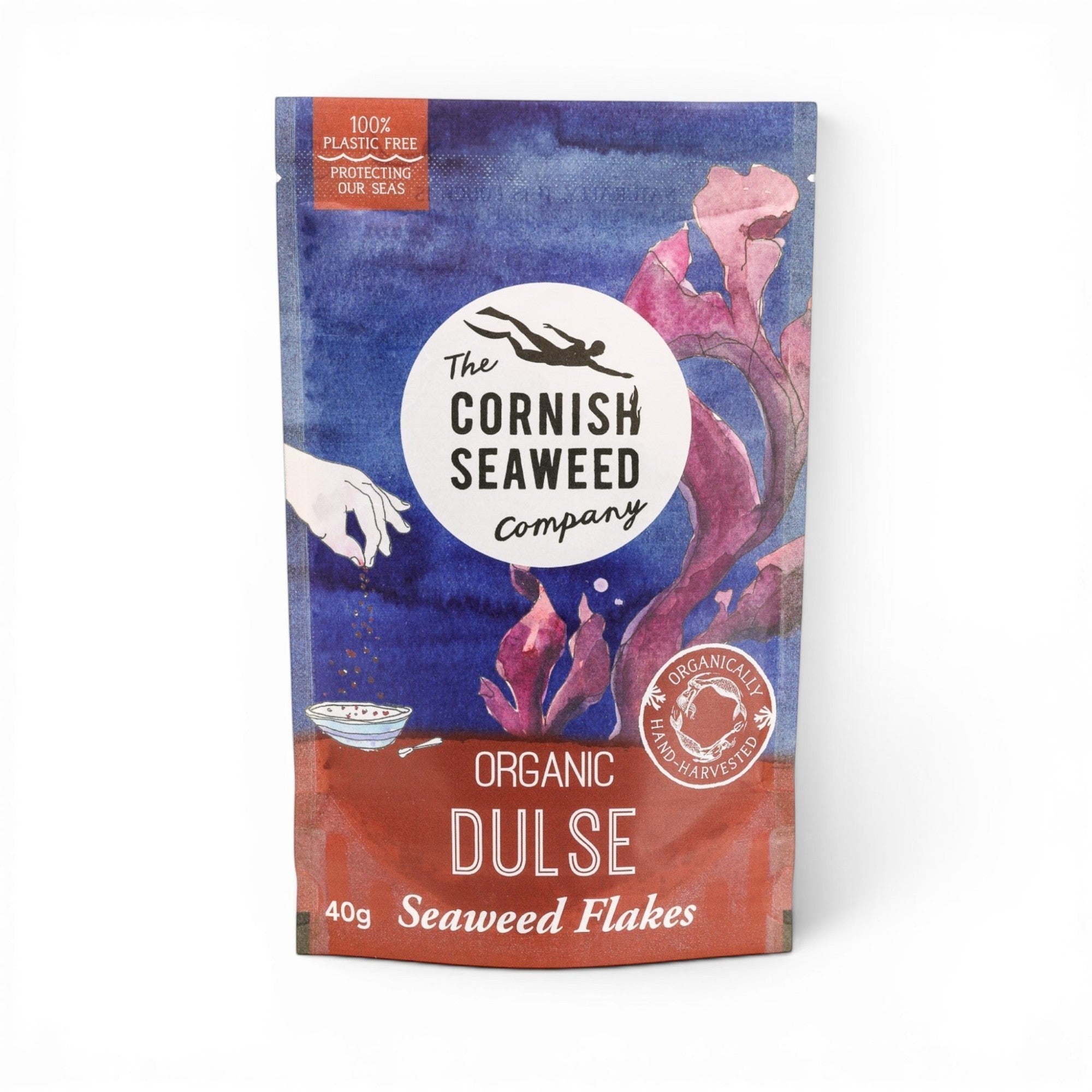 Made In England Organic Dulse Seaweed Flakes pouch with watercolour illustration of seaweed and a diver.