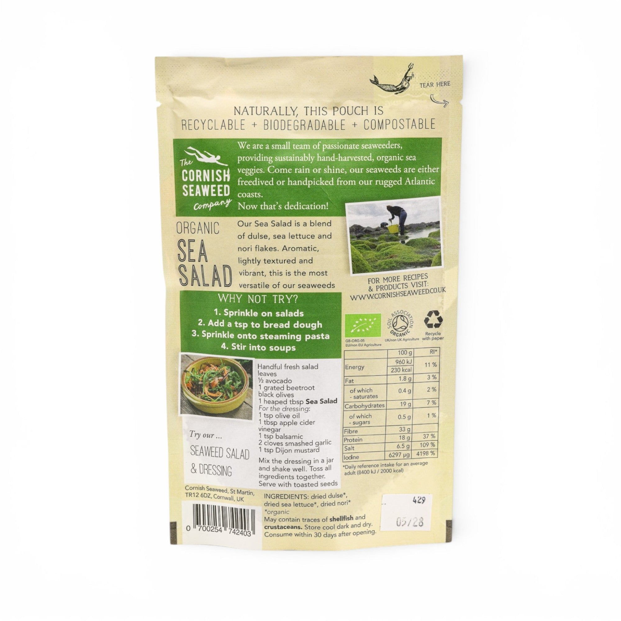 Made In England Organic Sea Salad seaweed flakes blend of dulse, sea lettuce, and nori. Recyclable pouch.