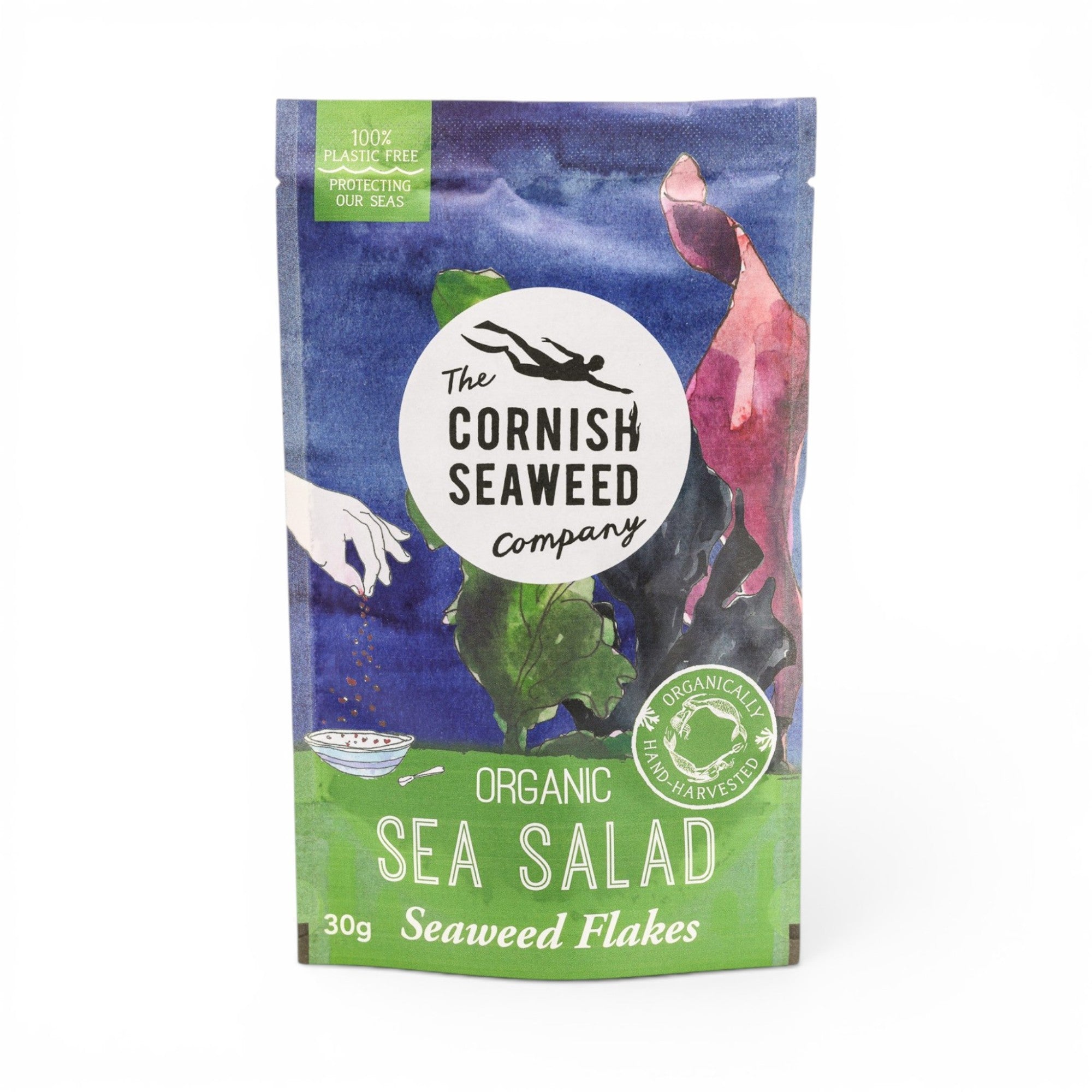 Made In England Organic Sea Salad seaweed flakes in a pouch with a watercolour design of seaweed and a diver.