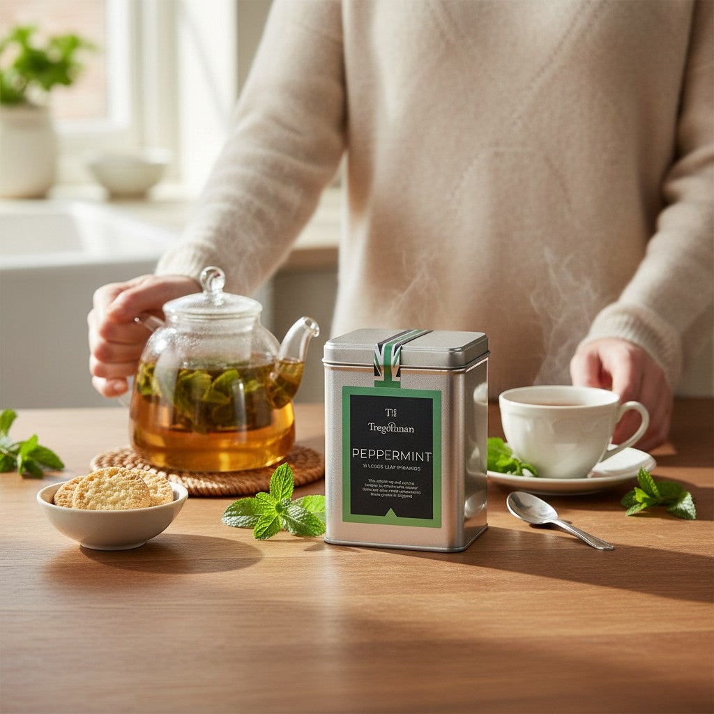 Made In England Tregothnan Peppermint loose leaf pyramid tea tin with a glass teapot and cup of tea.