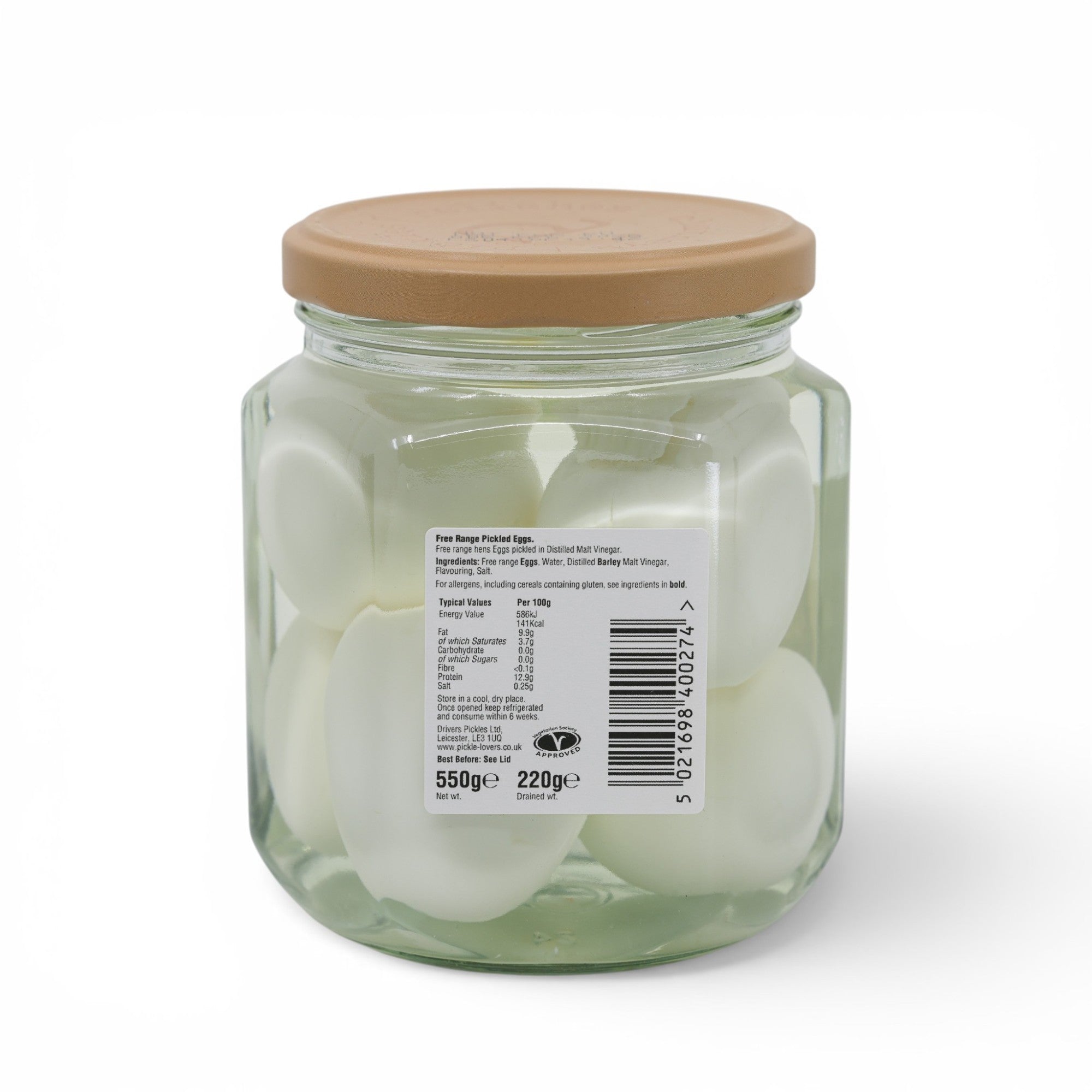 Made In England jar of free-range pickled eggs in brine. Tangy and firm snack.