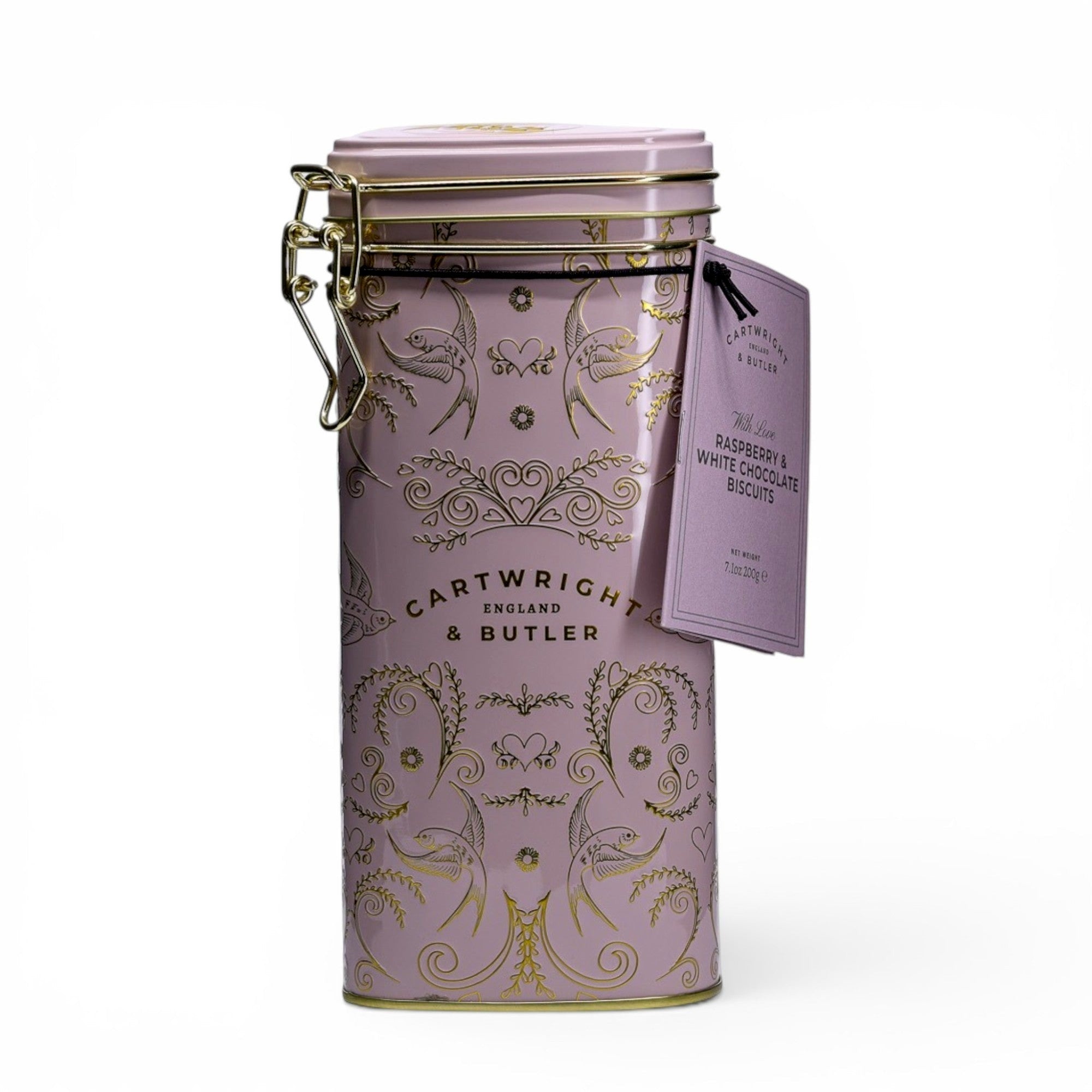 Made In England pale pink decorative biscuit tin with gold swallows and hearts, featuring Cartwright & Butler branding and a secure clasp.