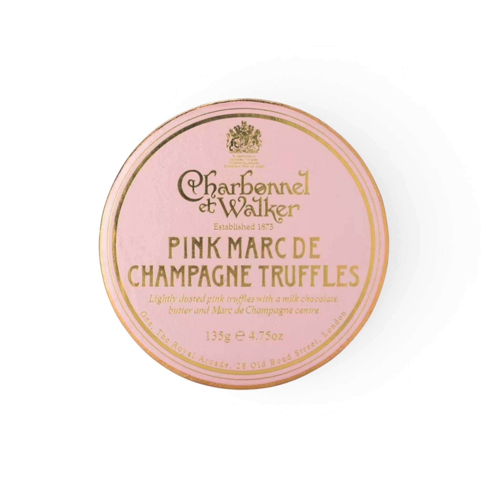 Made In England Charbonnel et Walker Pink Marc de Champagne Truffles in a pink hatbox, 135g.