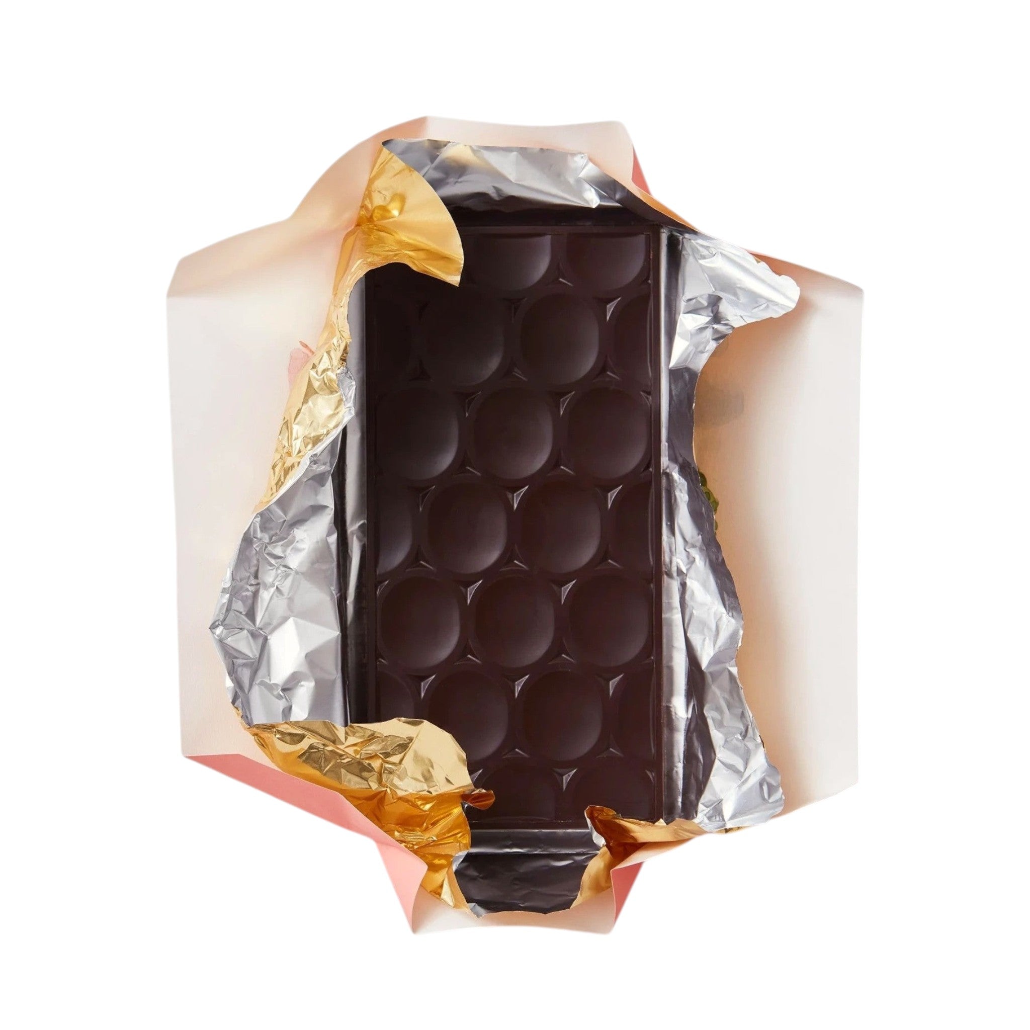Made In England Pump Street Ecuador Hacienda Victoria 85% dark chocolate bar with circular segments, unwrapped in gold and pink foil.