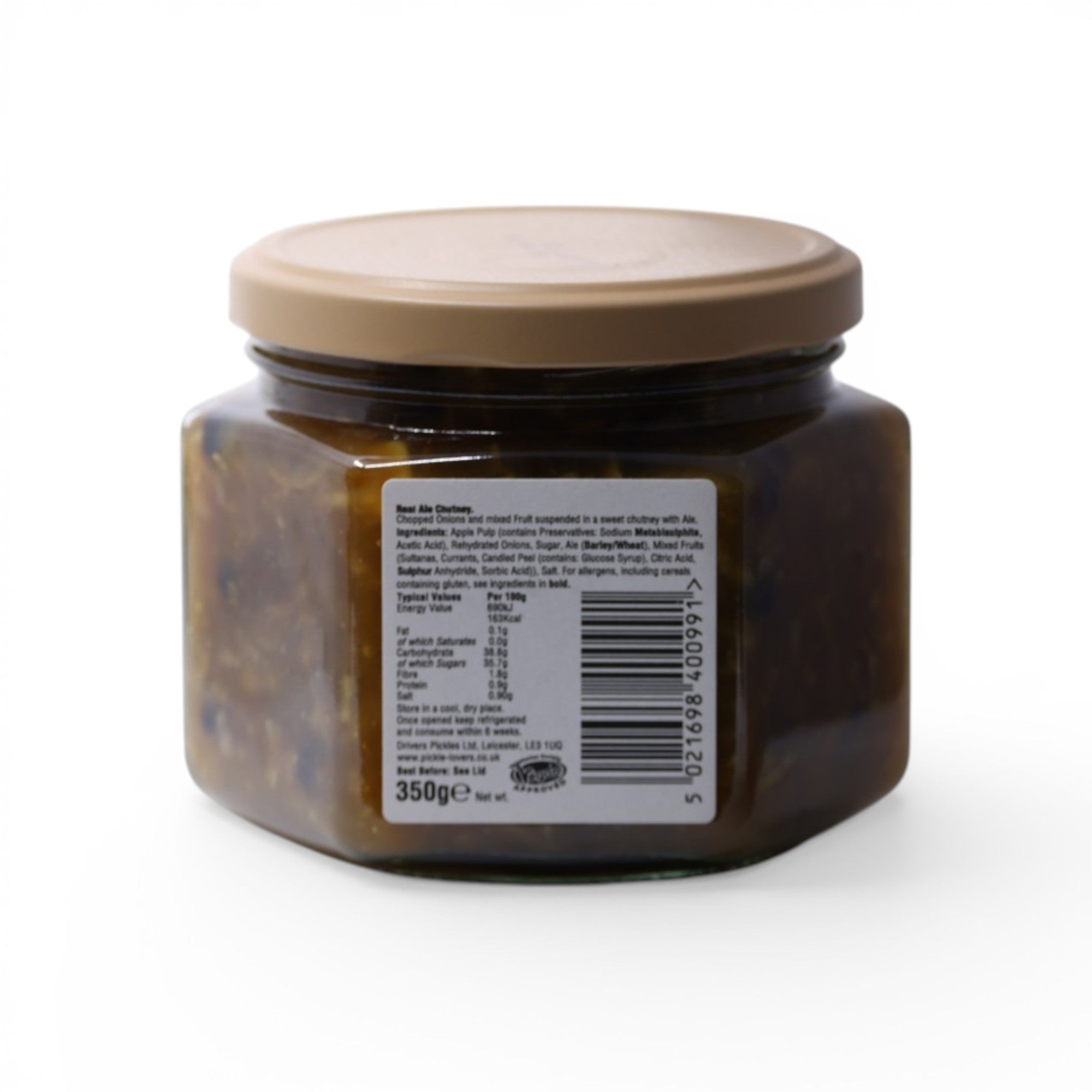 Made In England Real Ale Chutney in a glass jar with a beige lid, featuring a chunky texture and amber color.