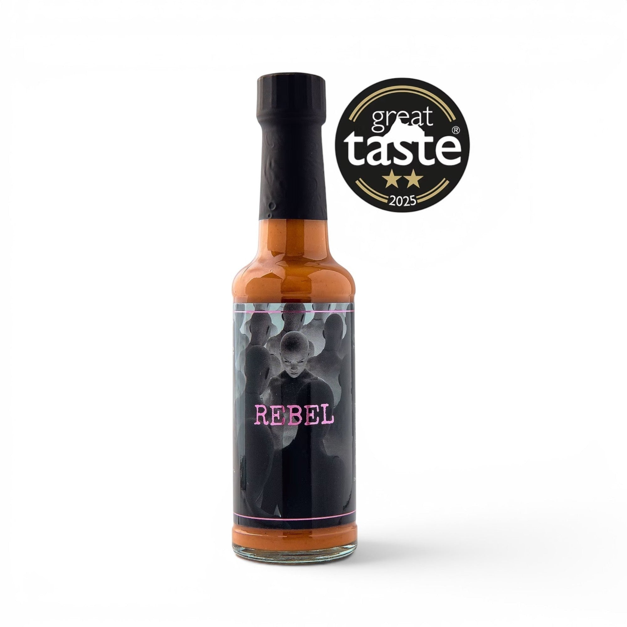 Made In England Rebel artisan hot sauce bottle with 2025 Great Taste Award seal on a white background.