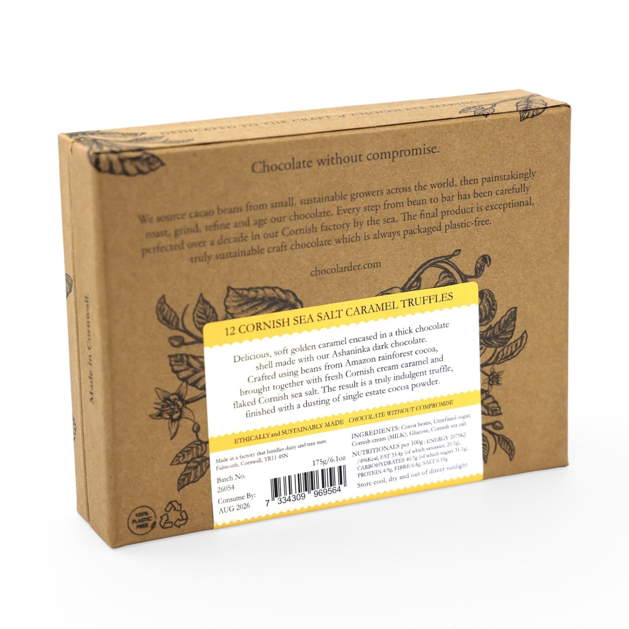 Made In England Sea Salt Caramel Truffles in dark chocolate, 12 truffles, ethically sourced cacao, plastic-free packaging.