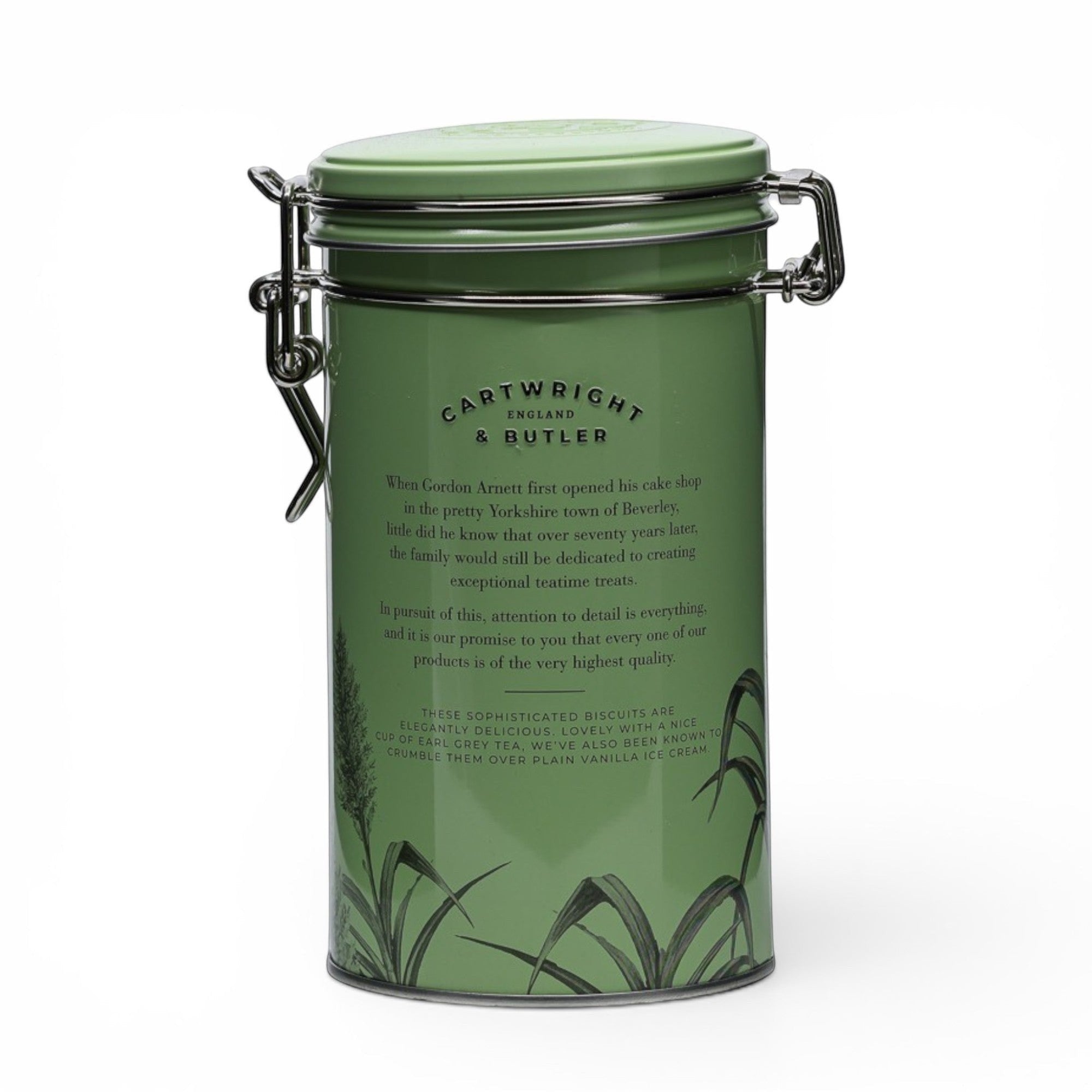 Made In England sage green tin of Cartwright & Butler sea salted caramel biscuits with botanical illustrations.