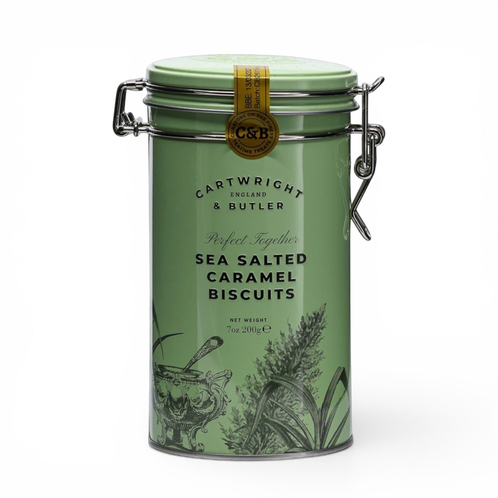 Made In England sage green tin of Cartwright & Butler Sea Salted Caramel Biscuits with botanical illustrations.
