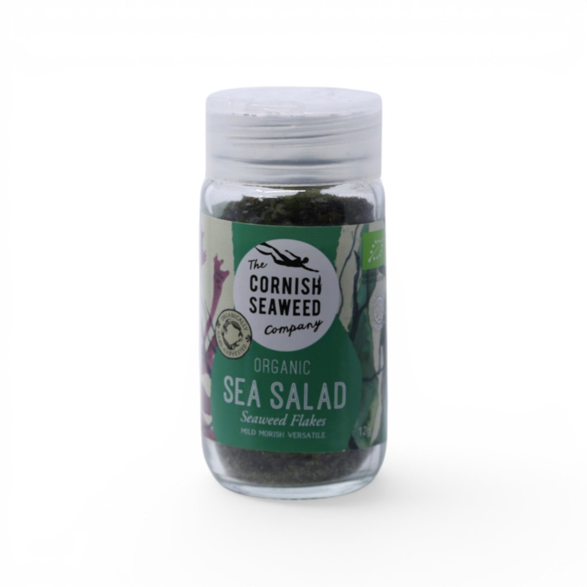 Made In England Organic Sea Salad seaweed flakes in a glass jar with a green label featuring a diver.