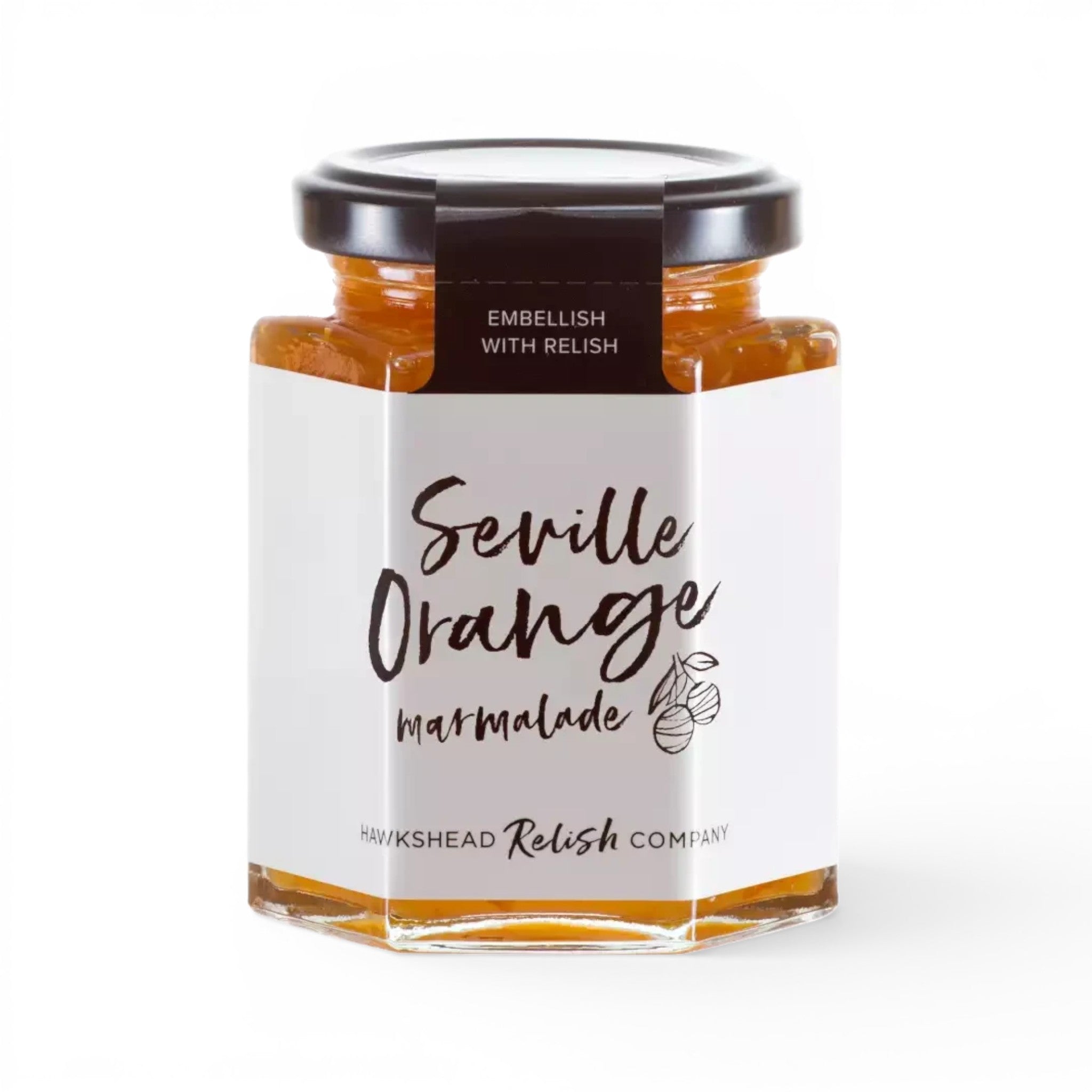 Made In England hexagonal jar of Seville Orange Marmalade with visible orange peel chunks and a dark lid.