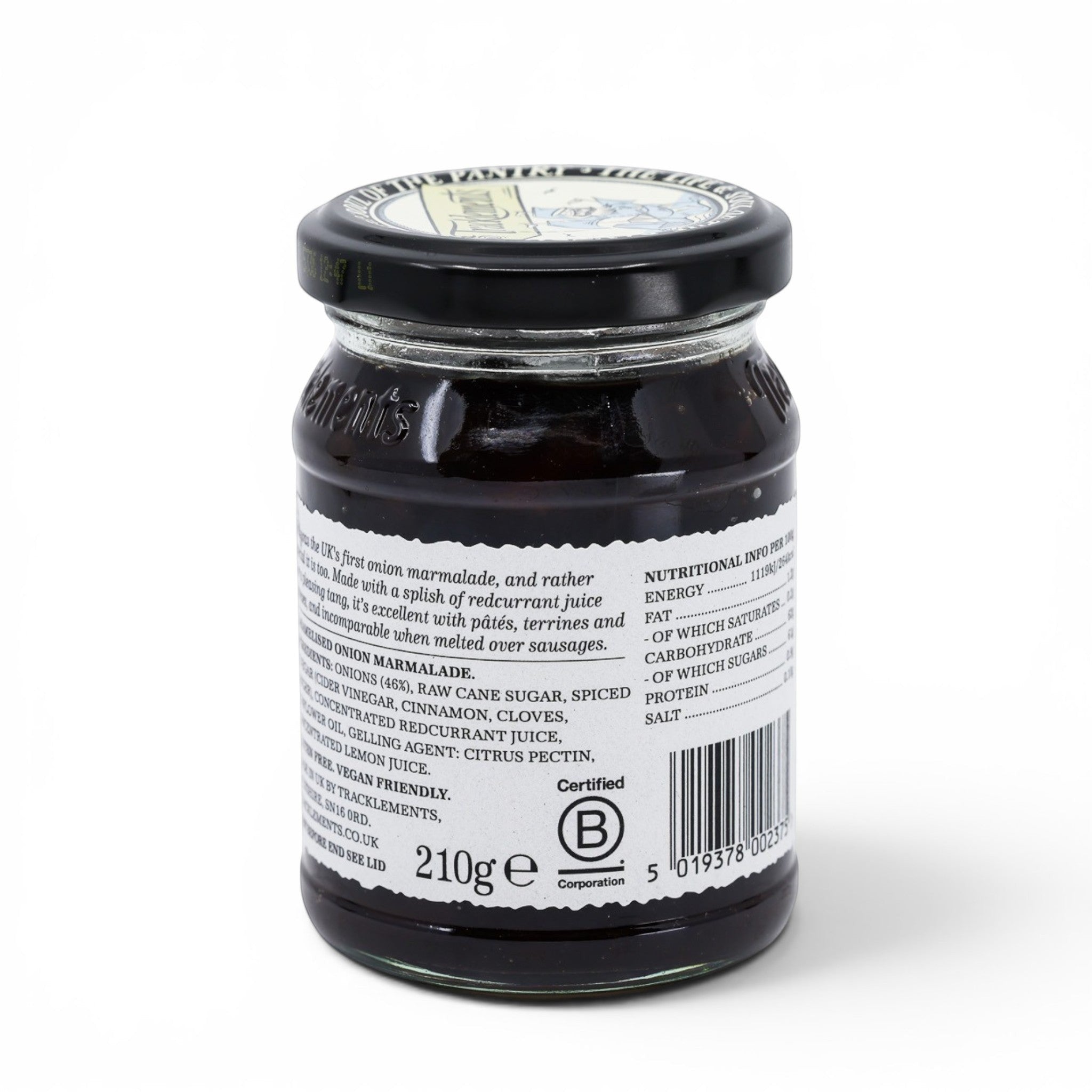 Made In England Spiced Plum Chutney in a glass jar with a black lid. Dark, rich chutney with visible fruit pieces.
