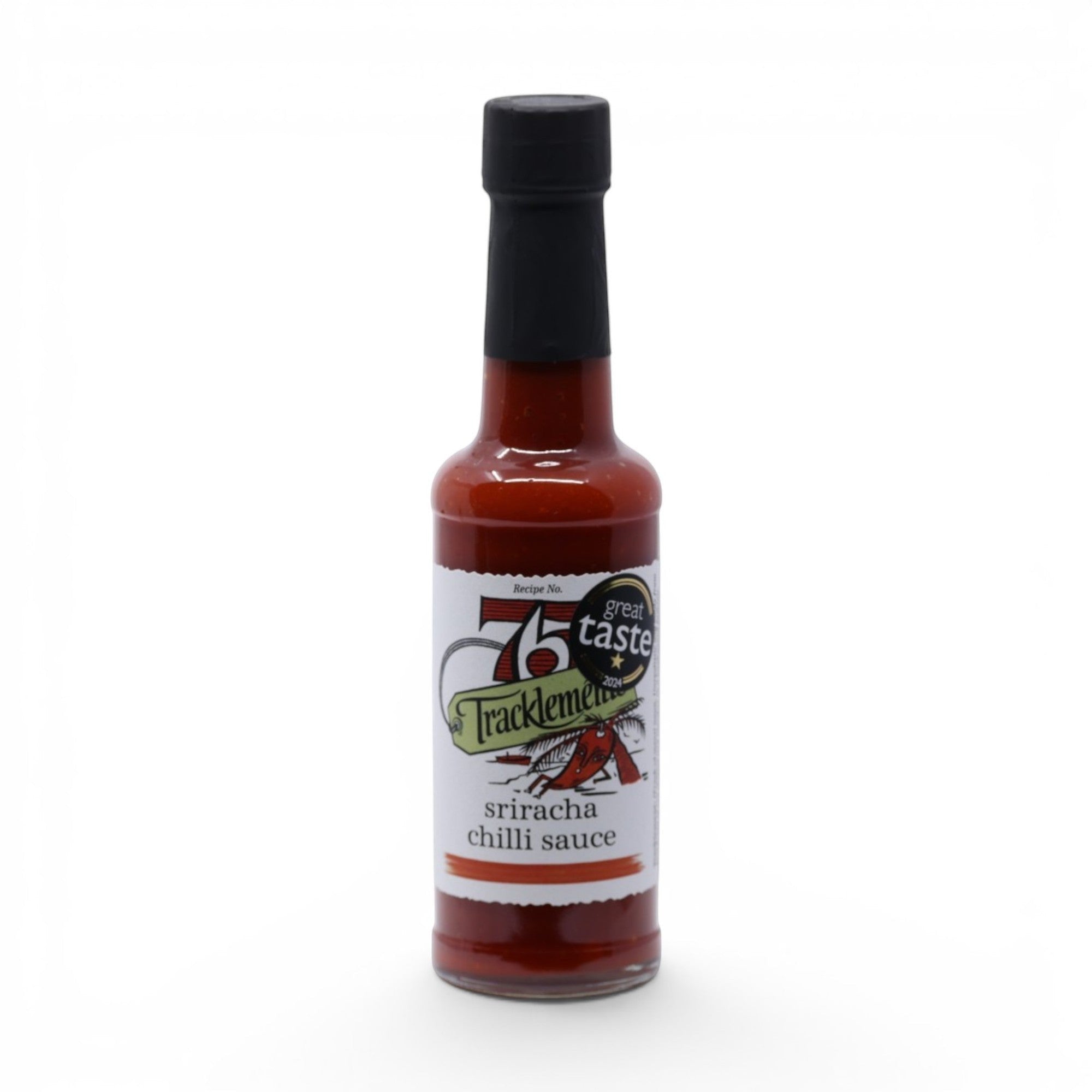 Tracklements Sriracha Chilli Sauce in a 150ml glass bottle with a black cap. The label is white with red and green accents, featuring the brand name and 'Great Taste' award.
