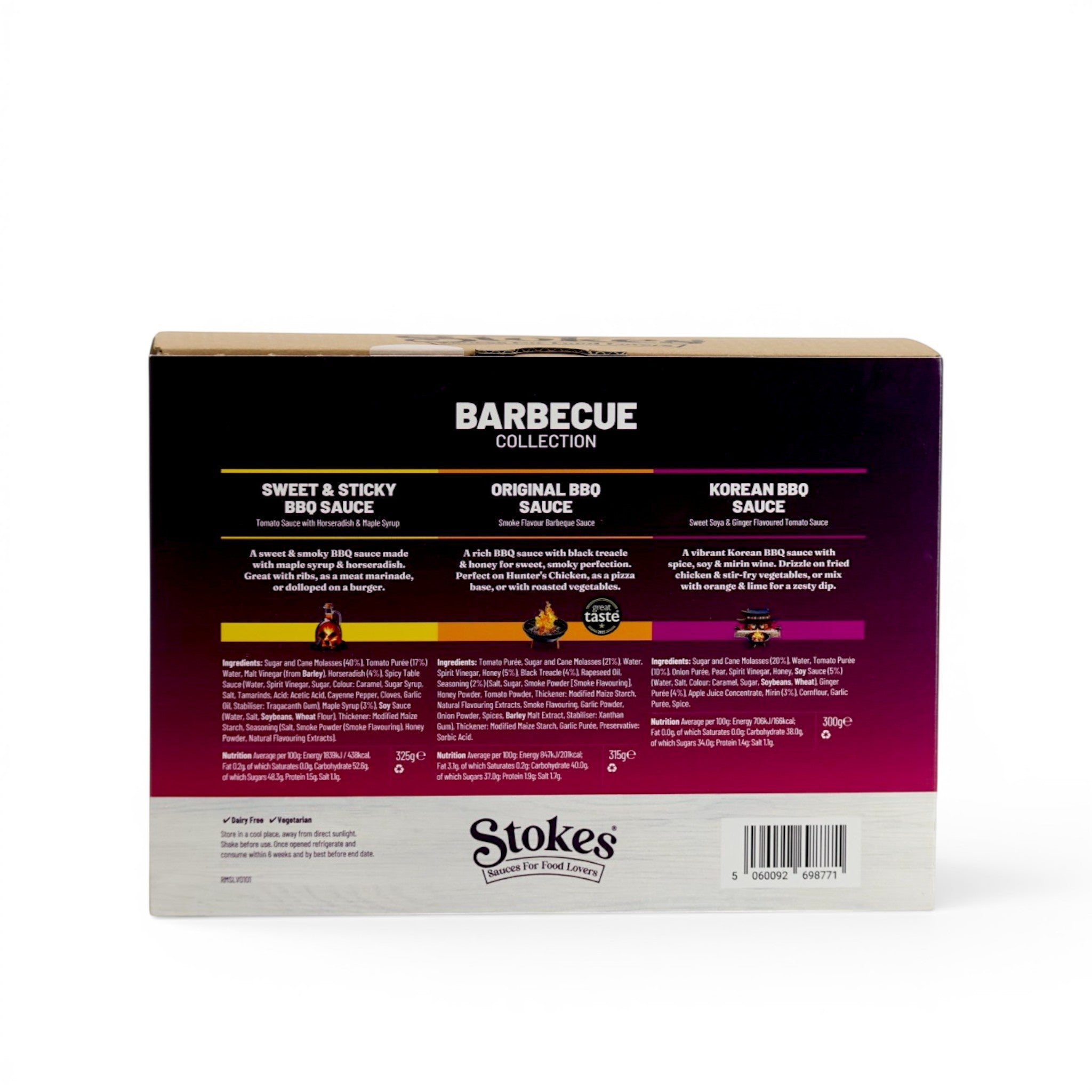 Back of Made In England Stokes Barbecue Sauce Collection gift set box showing ingredients and flavor descriptions.