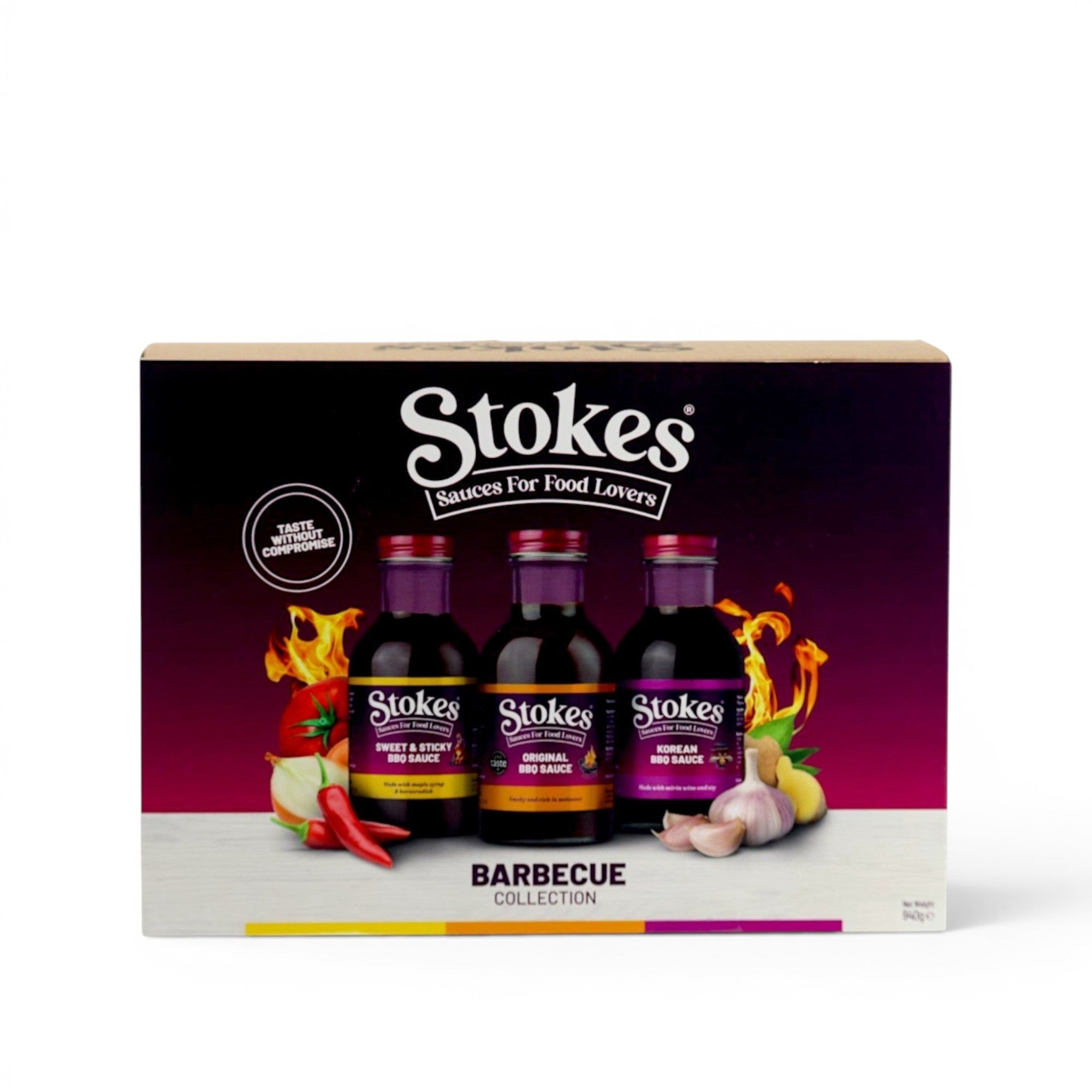 Made In England Stokes Barbecue Sauce Collection gift set featuring three premium BBQ sauce bottles in a display box.