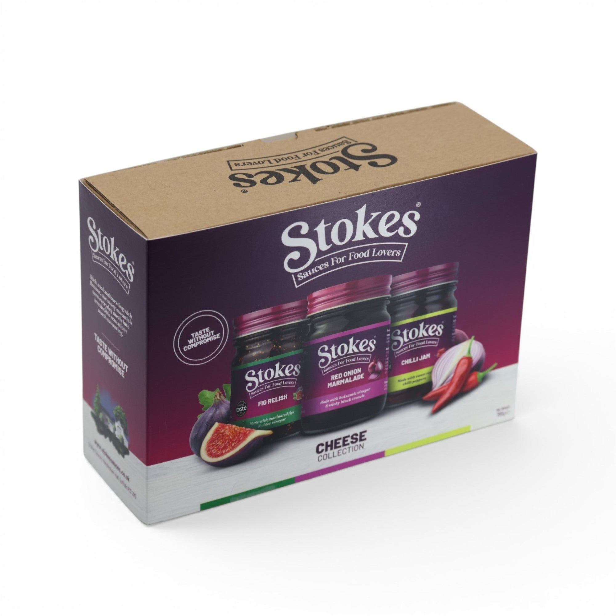 Made In England Stokes Cheese Collection gift set featuring fig relish, red onion marmalade, and chilli jam jars.