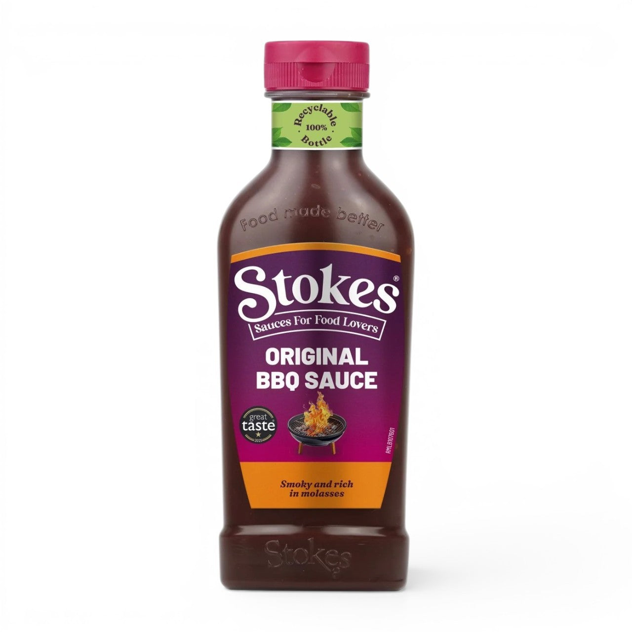 Made In England Stokes Original BBQ Sauce in a recyclable bottle with a rich, smoky molasses and honey flavor.