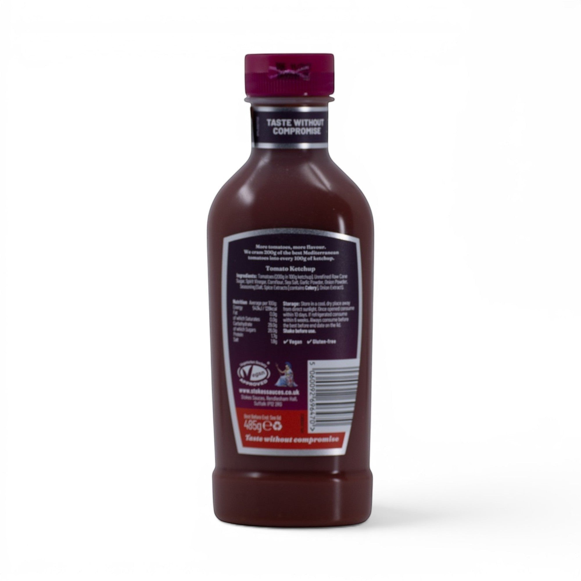 Made In England Stokes Tomato Ketchup bottle showing nutritional information and ingredients label on a white background