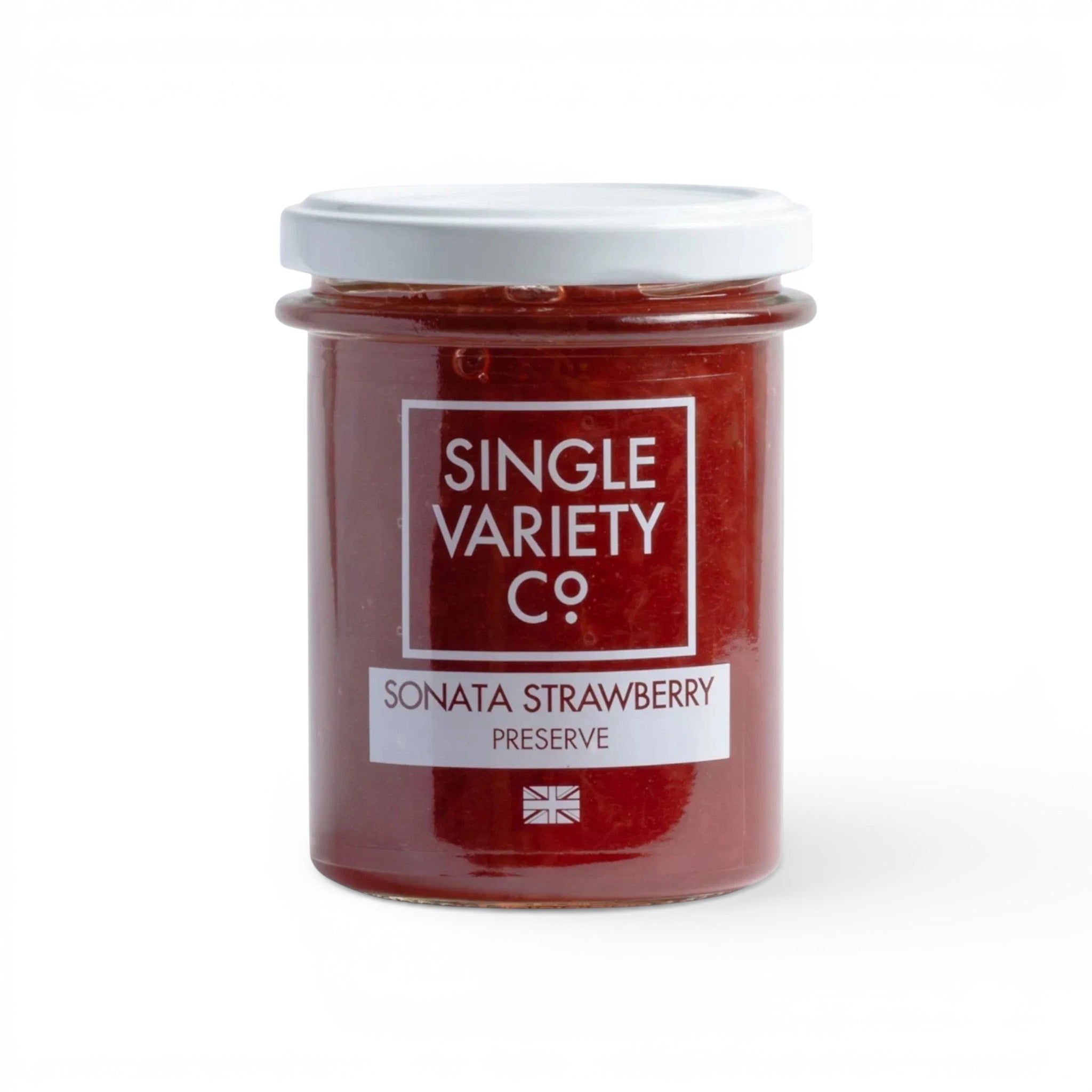 Made In England Single Variety Co. Sonata Strawberry Preserve, a rich red preserve with visible fruit pieces in a glass jar with a white lid.