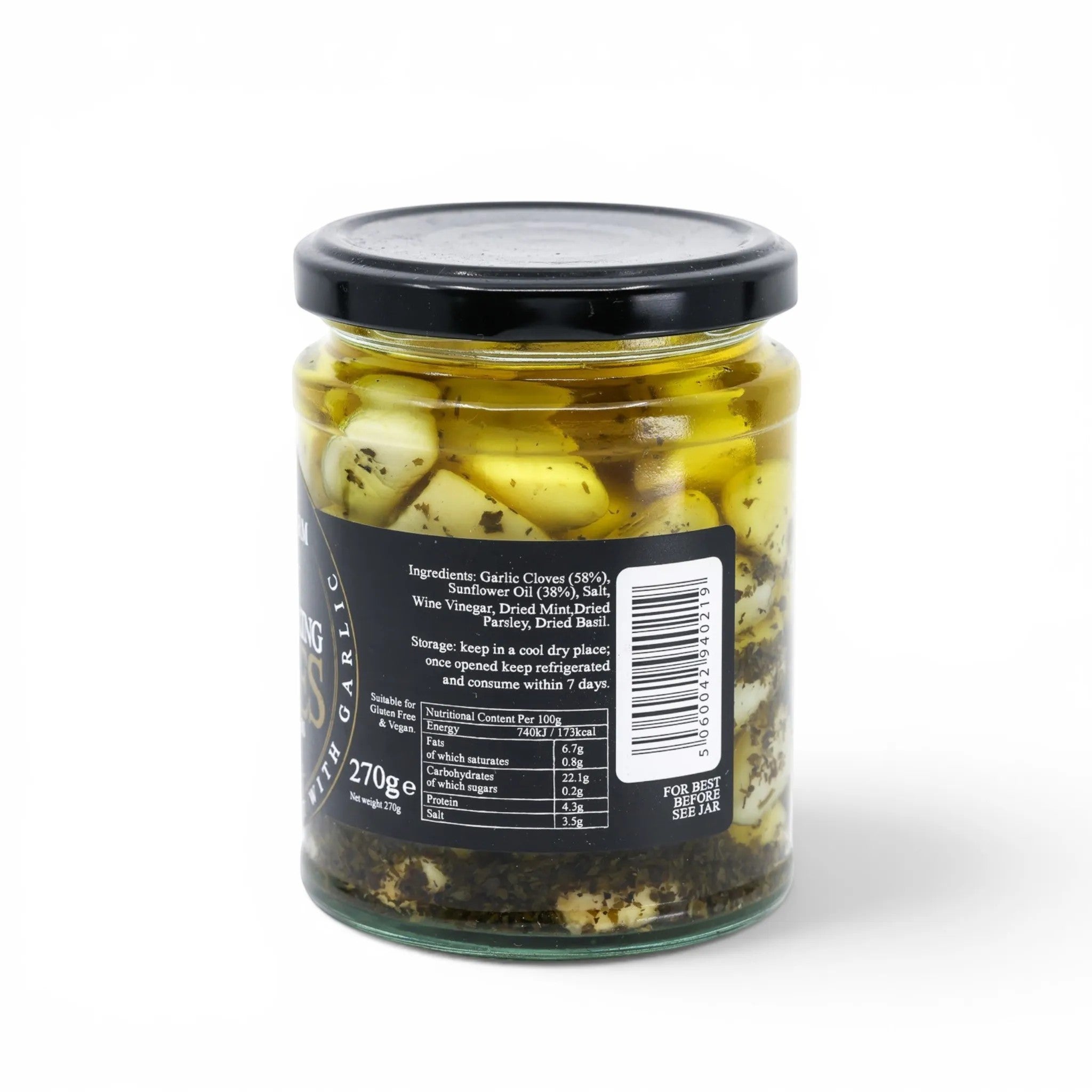 Made In England Sweet Snacking Garlic Cloves with Herbs in oil, 270g jar. Whole garlic cloves steeped with mint, parsley, and basil.