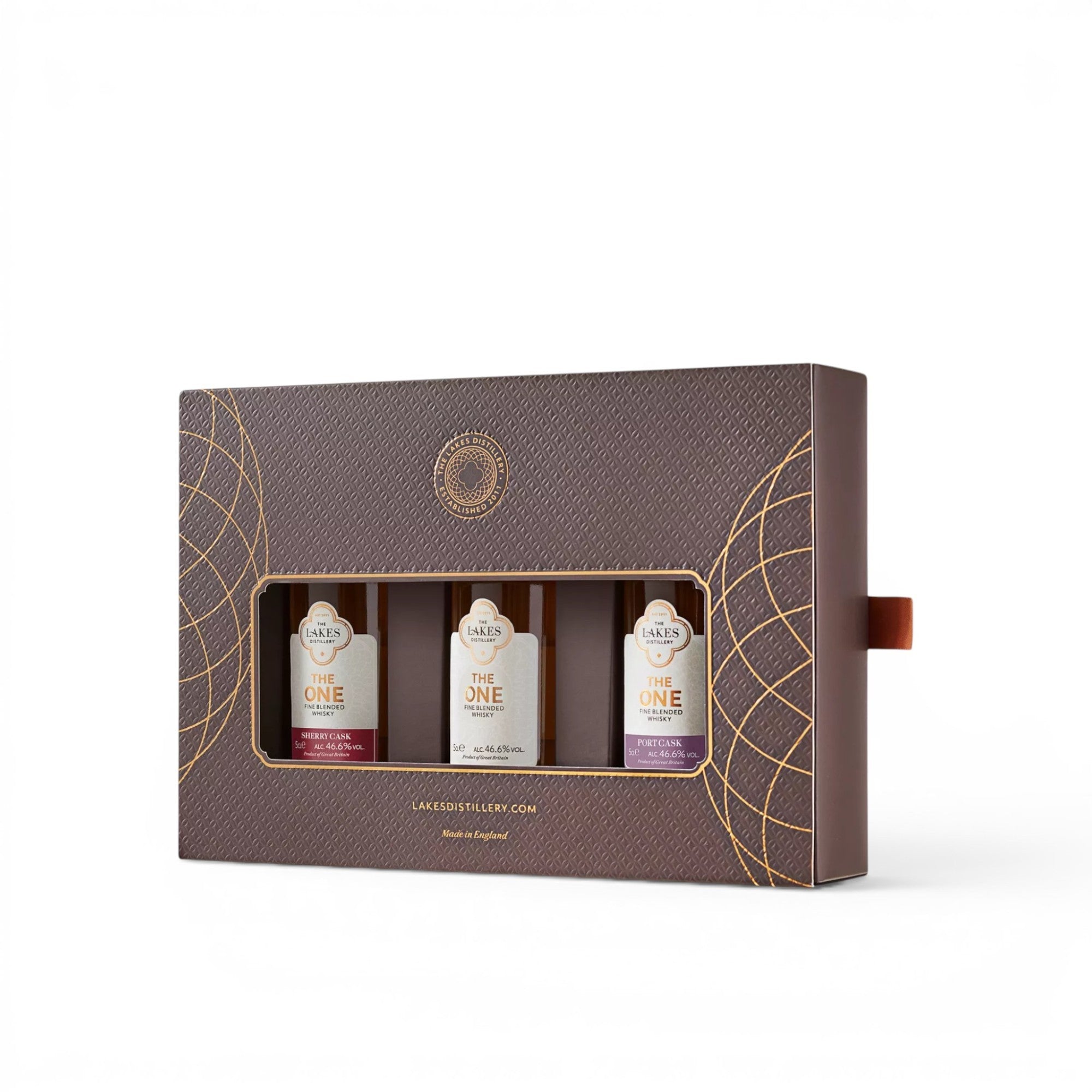 Made In England The ONE Blended Whisky Miniature Collection gift box with three 5cl bottles: Sherry Cask, Fine Blended Whisky, and Port Cask.