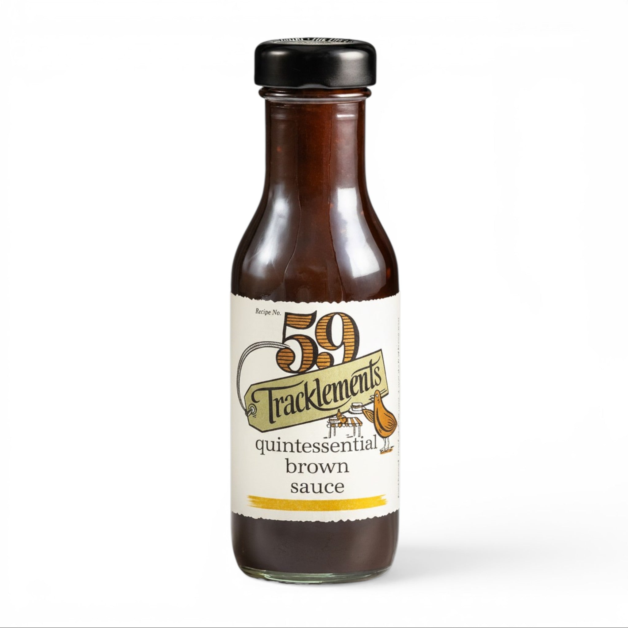 Made In England Tracklements Quintessential Brown Sauce in a glass bottle with a vintage-style label, gluten-free.