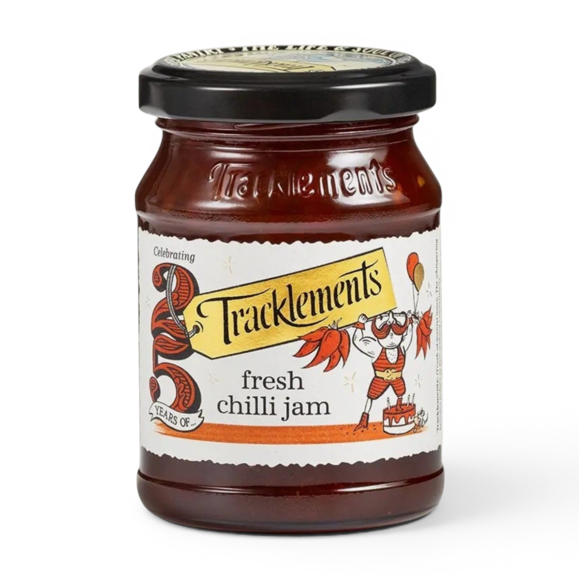 Made In England Tracklements Fresh Chilli Jam in a glass jar with a black lid and vintage-style illustrated label.