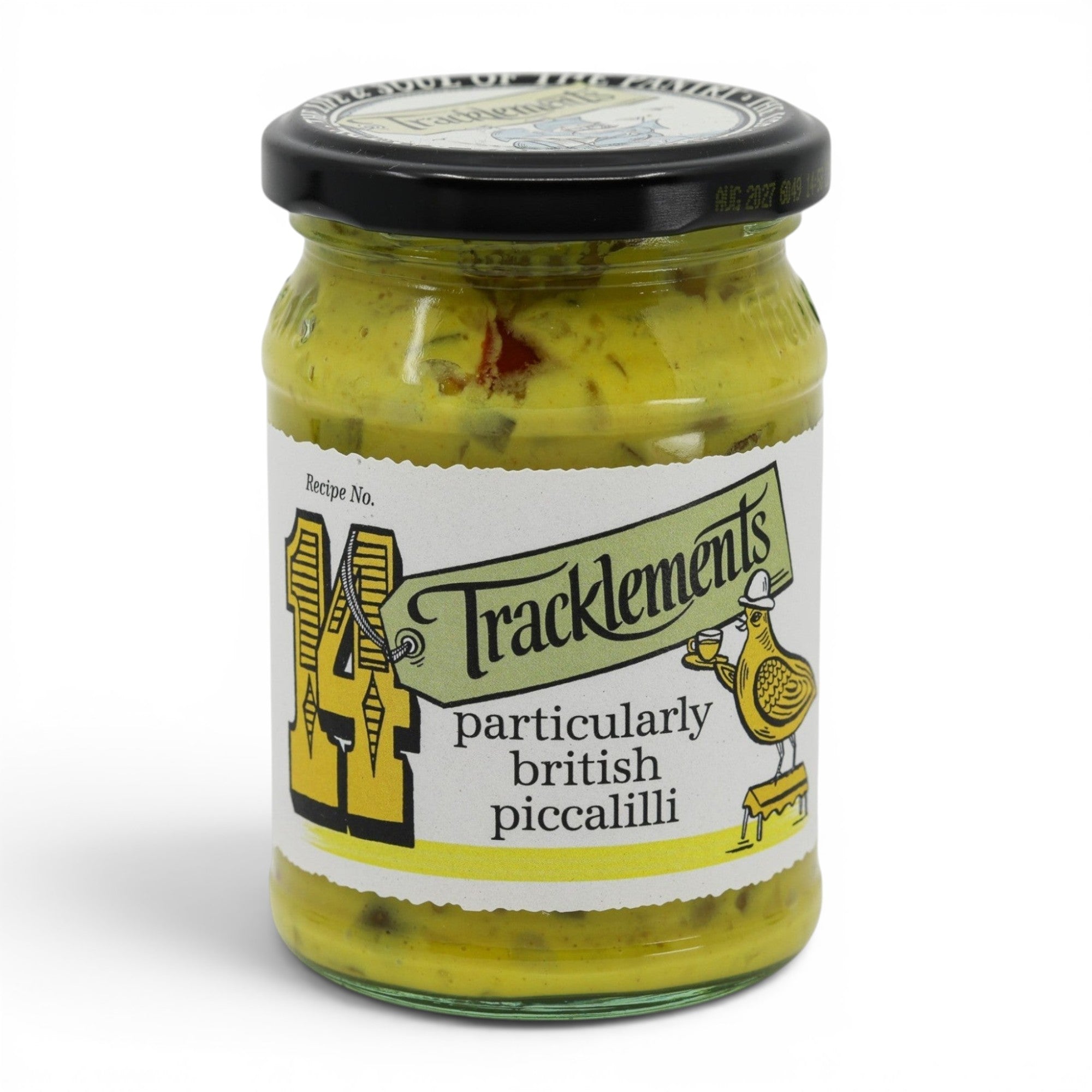 Made In England Tracklements Particularly British Piccalilli in a glass jar with a yellow chunky vegetable relish and a black lid.