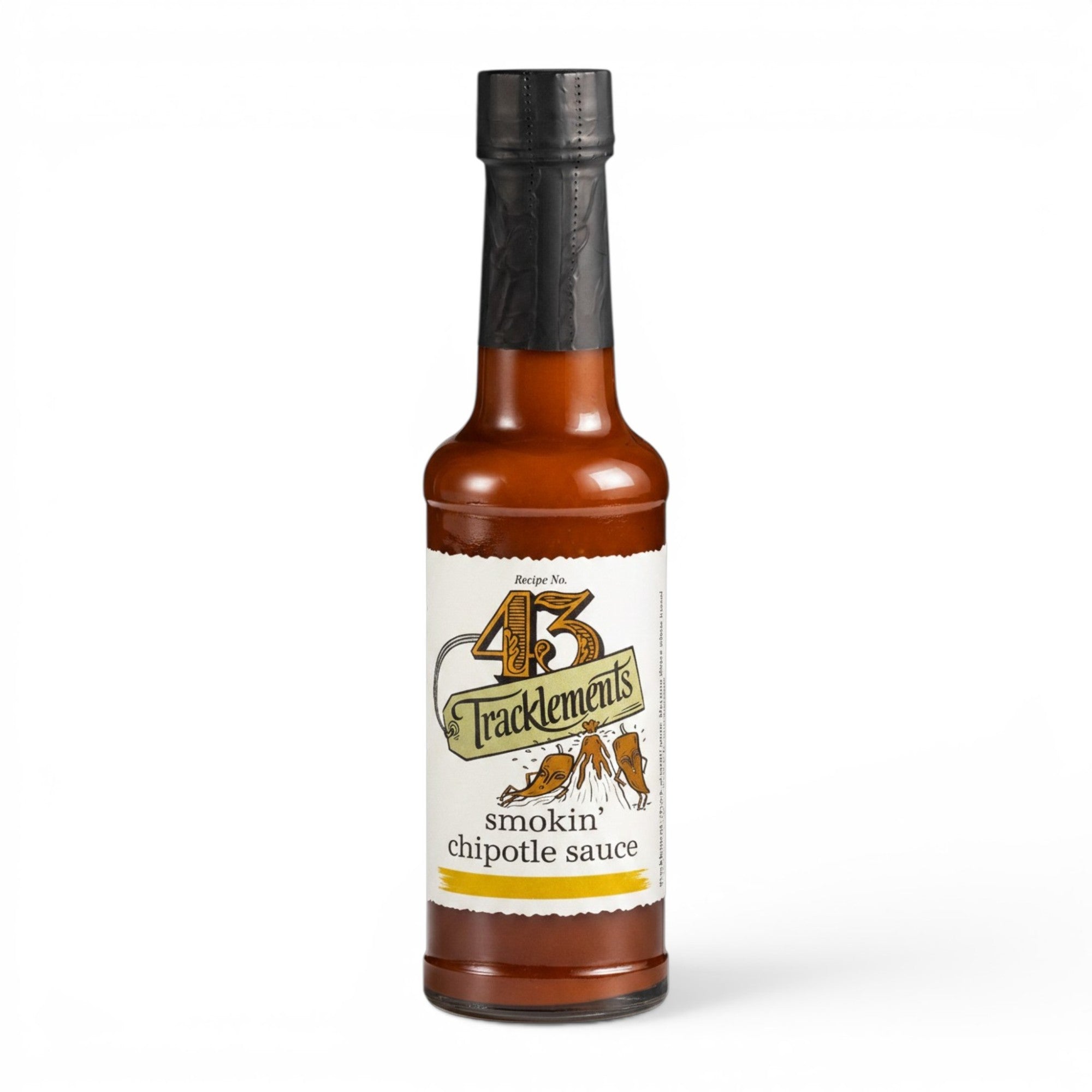 Made In England Tracklements Smokin Chipotle Sauce in a glass bottle with a black cap and vintage-style label.