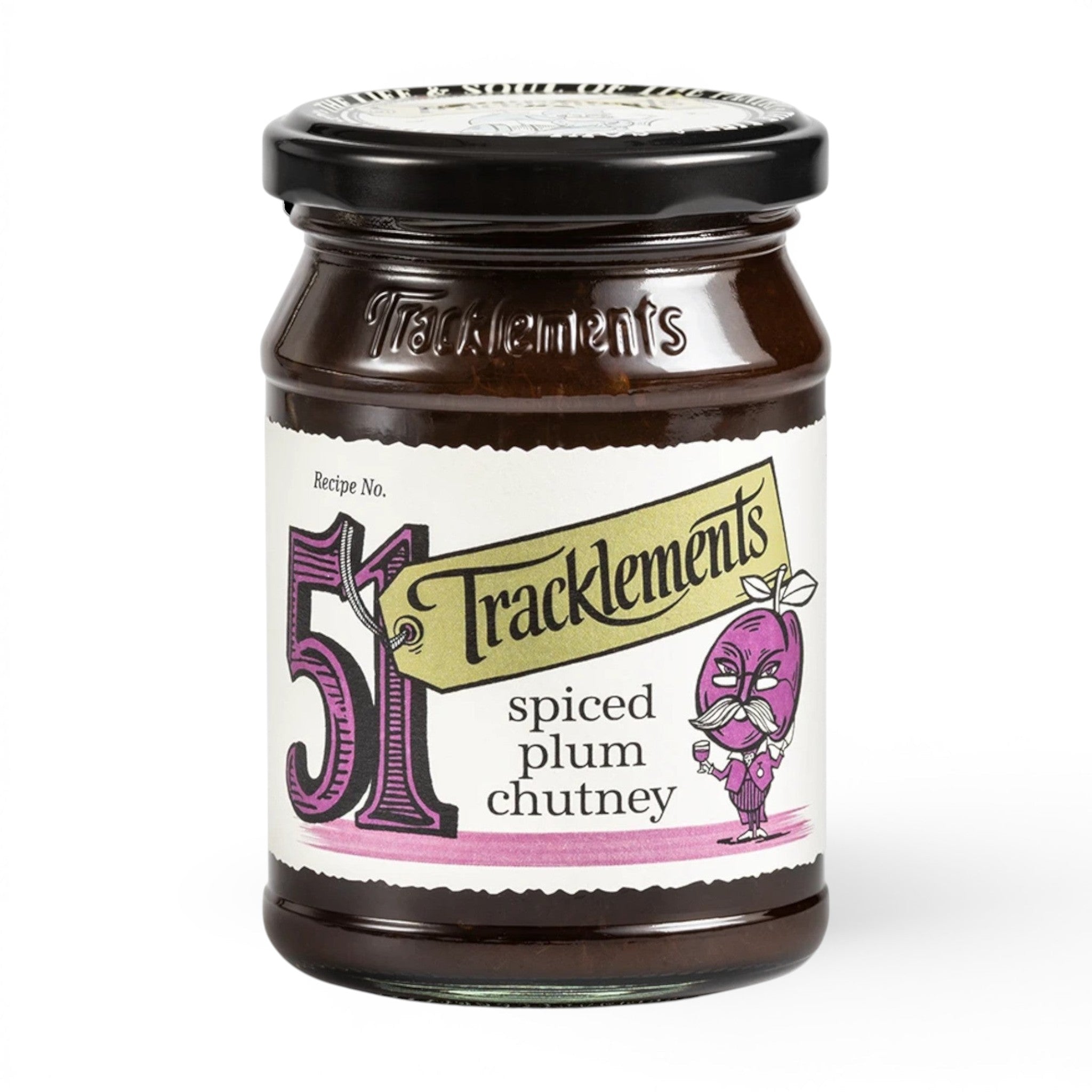 Made In England Tracklements Spiced Plum Chutney in a glass jar with a whimsical plum character label.