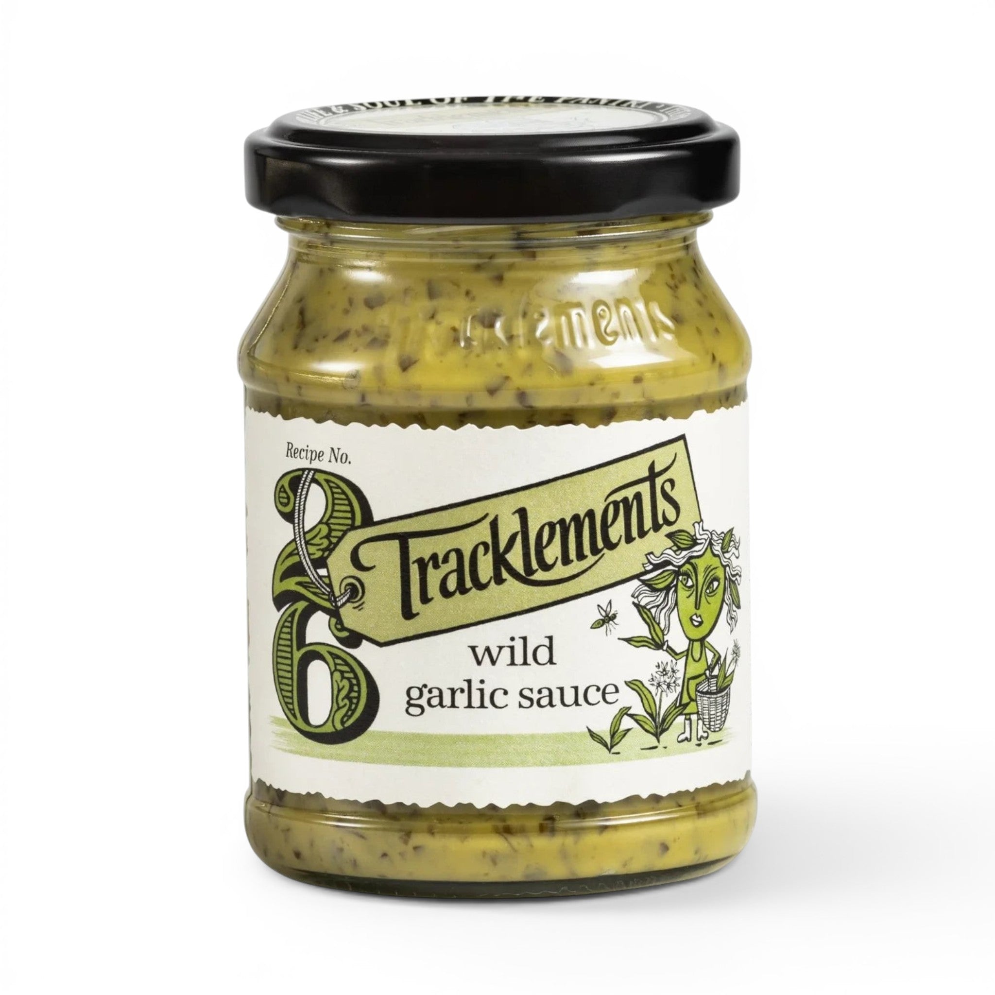 Made In England Tracklements Wild Garlic Sauce in a glass jar with a black lid and illustrated label.