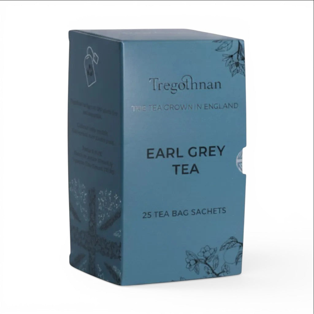 Made In England Tregothnan Earl Grey tea box with 25 sachets, featuring floral illustrations and Union Jack motif.