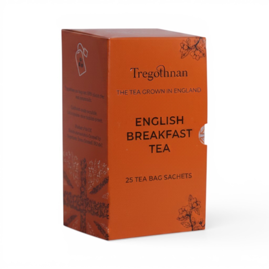 Made In England Tregothnan English Breakfast Tea box with 25 sachets. Orange box with floral illustrations and Union Jack motif.