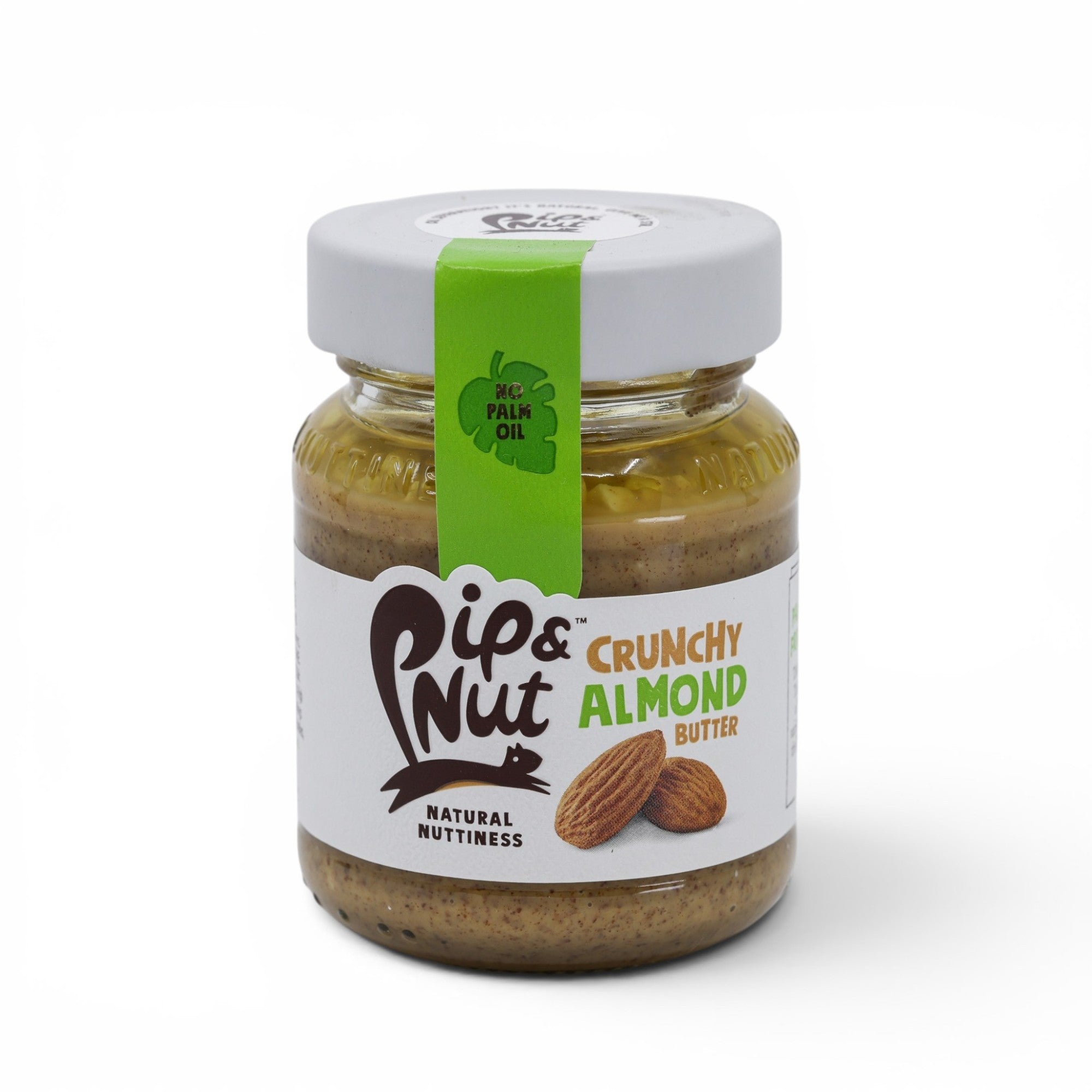 Made In England Pip & Nut Crunchy Almond Butter in glass jar with white lid and green label. No palm oil.