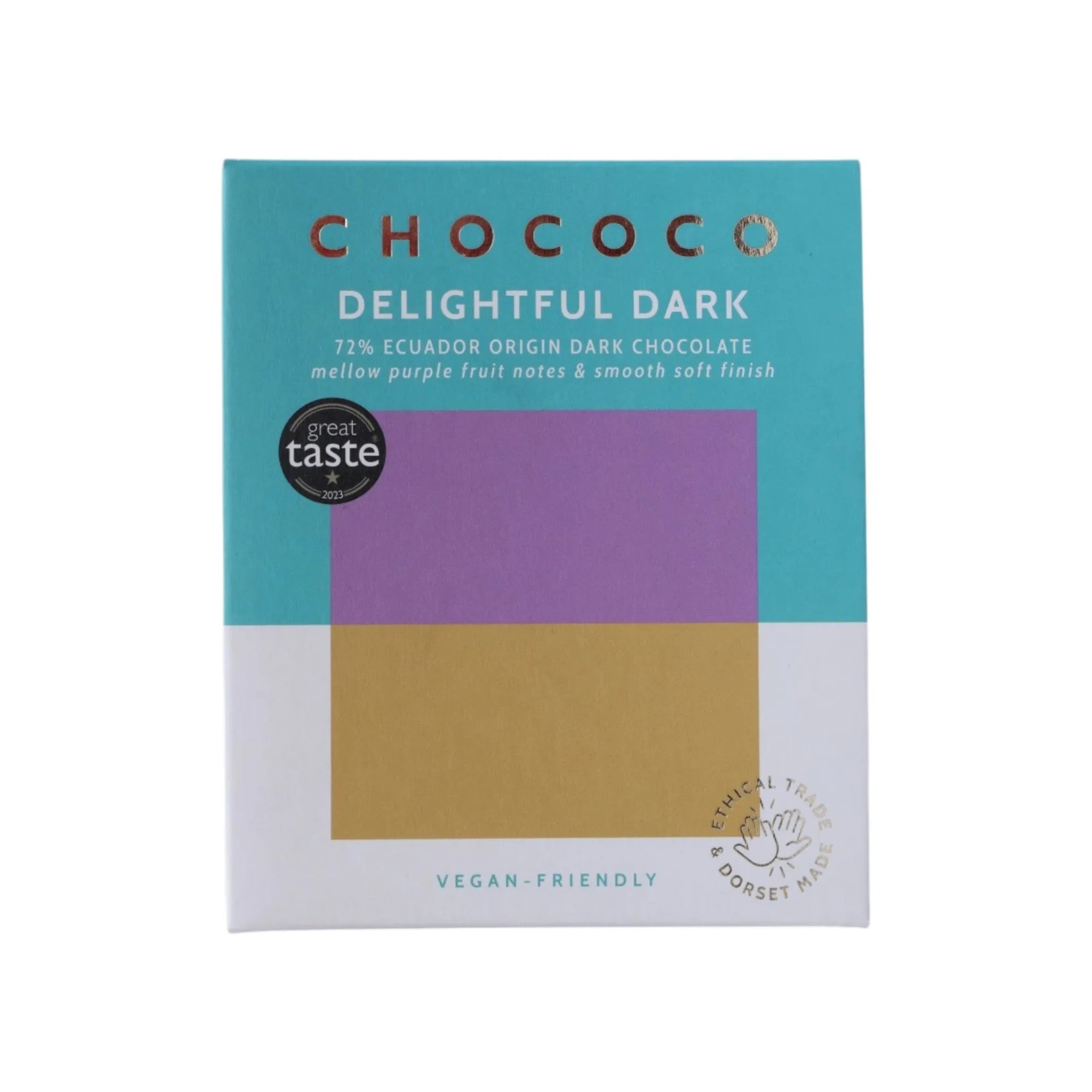 Made In England Chococo 72% Ecuador Origin Dark Chocolate bar with purple fruit notes and smooth finish. Vegan-friendly.