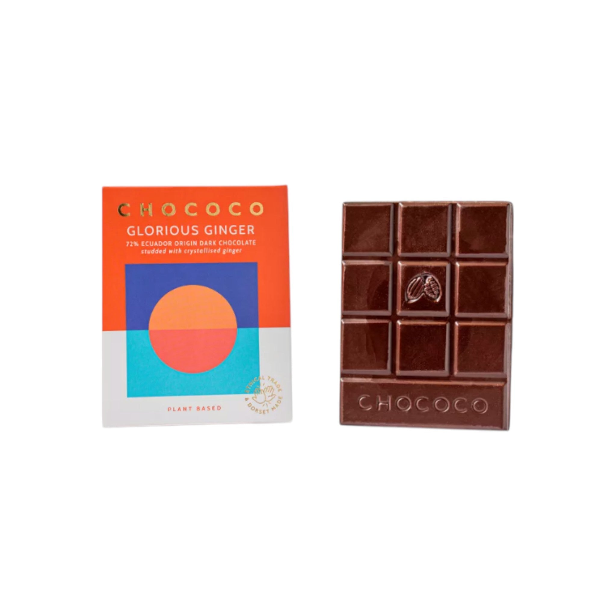 Chococo Glorious Ginger 72% dark chocolate bar with crystallised ginger, vegan and plant-based.