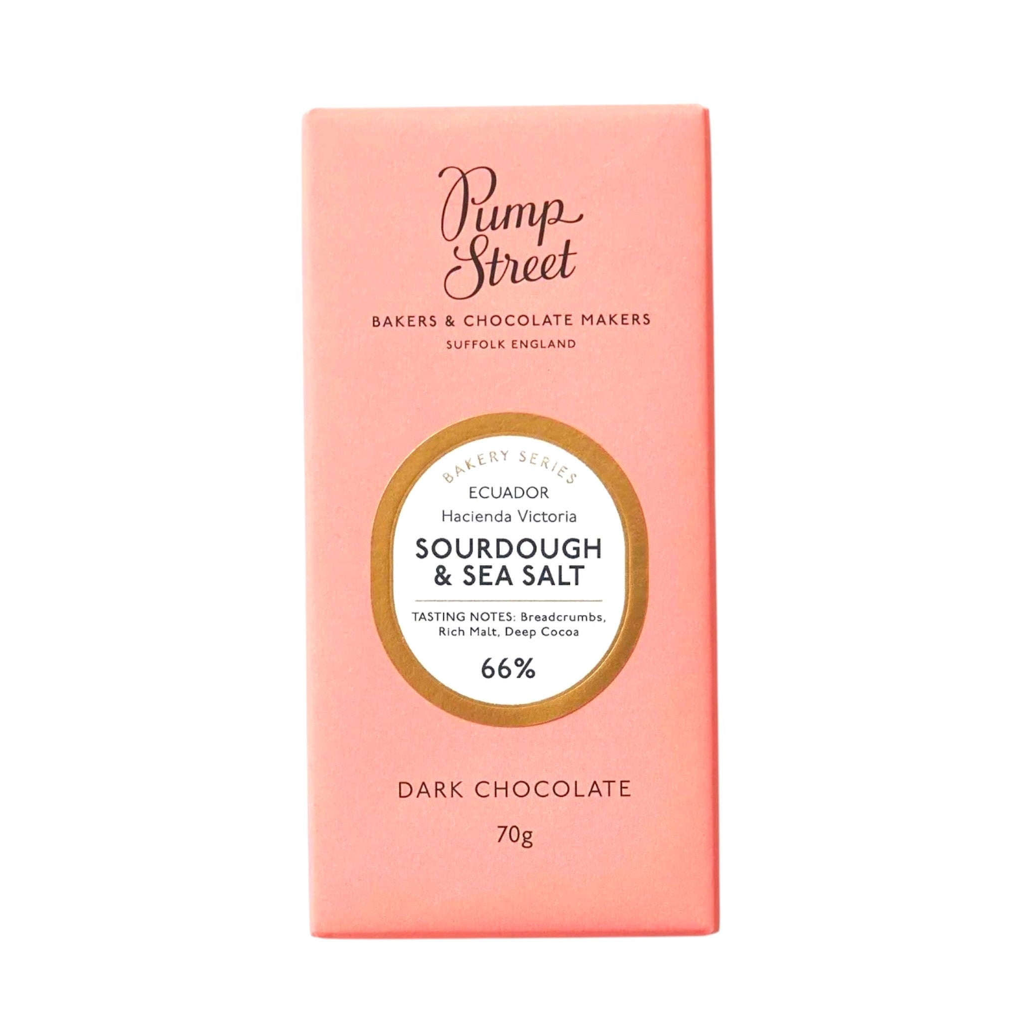 Made In England 66% dark chocolate bar with sourdough and sea salt, 70g. Features tasting notes of breadcrumbs, rich malt, and deep cocoa.