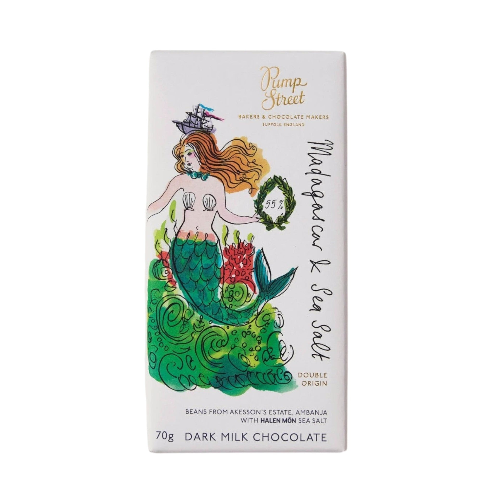 Made In England Pump Street 55% dark milk chocolate bar with Madagascar & Sea Salt, featuring a mermaid illustration.