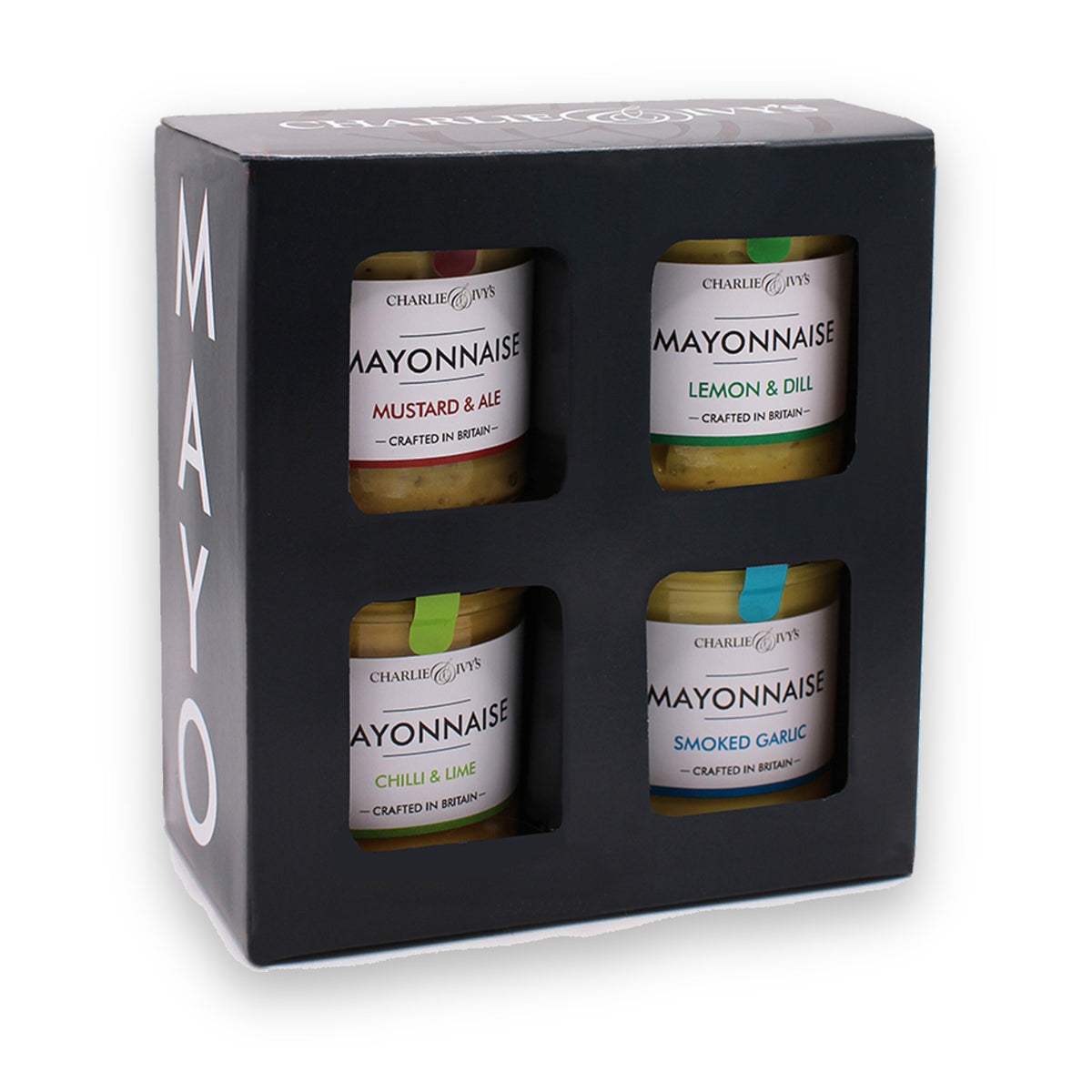 Charlie & Ivy's Mayonnaise Gift Box with four 140g jars: Mustard & Ale, Lemon & Dill, Chilli & Lime and Smoked Garlic