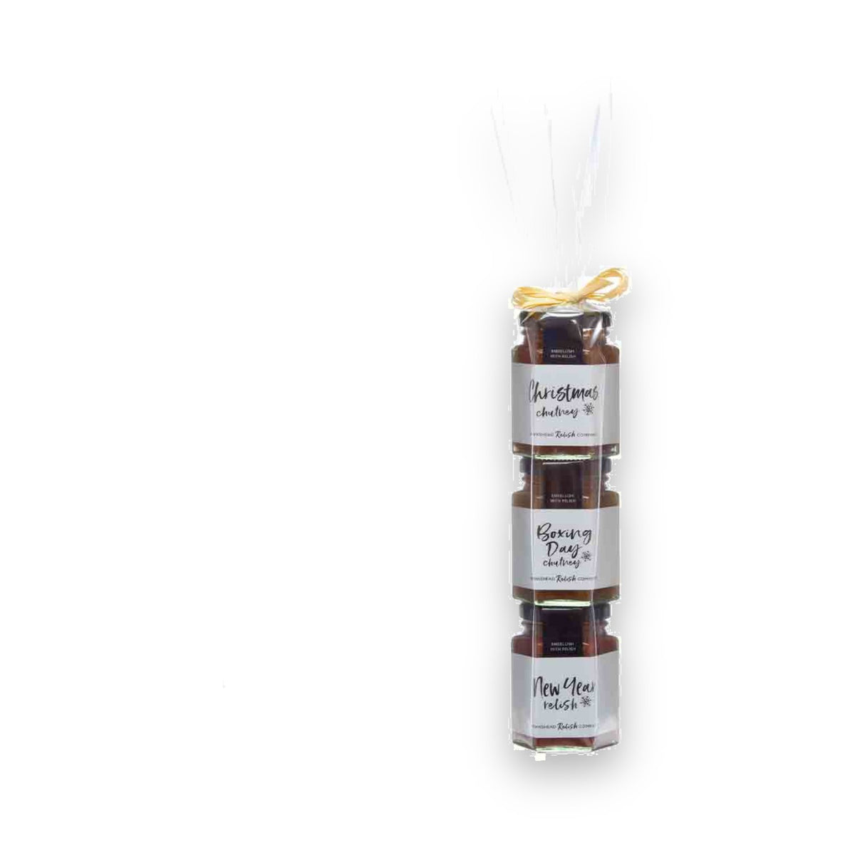 Hawkshead Relish 3 Jar Christmas Gift Wrap, stacked jars tied with ribbon