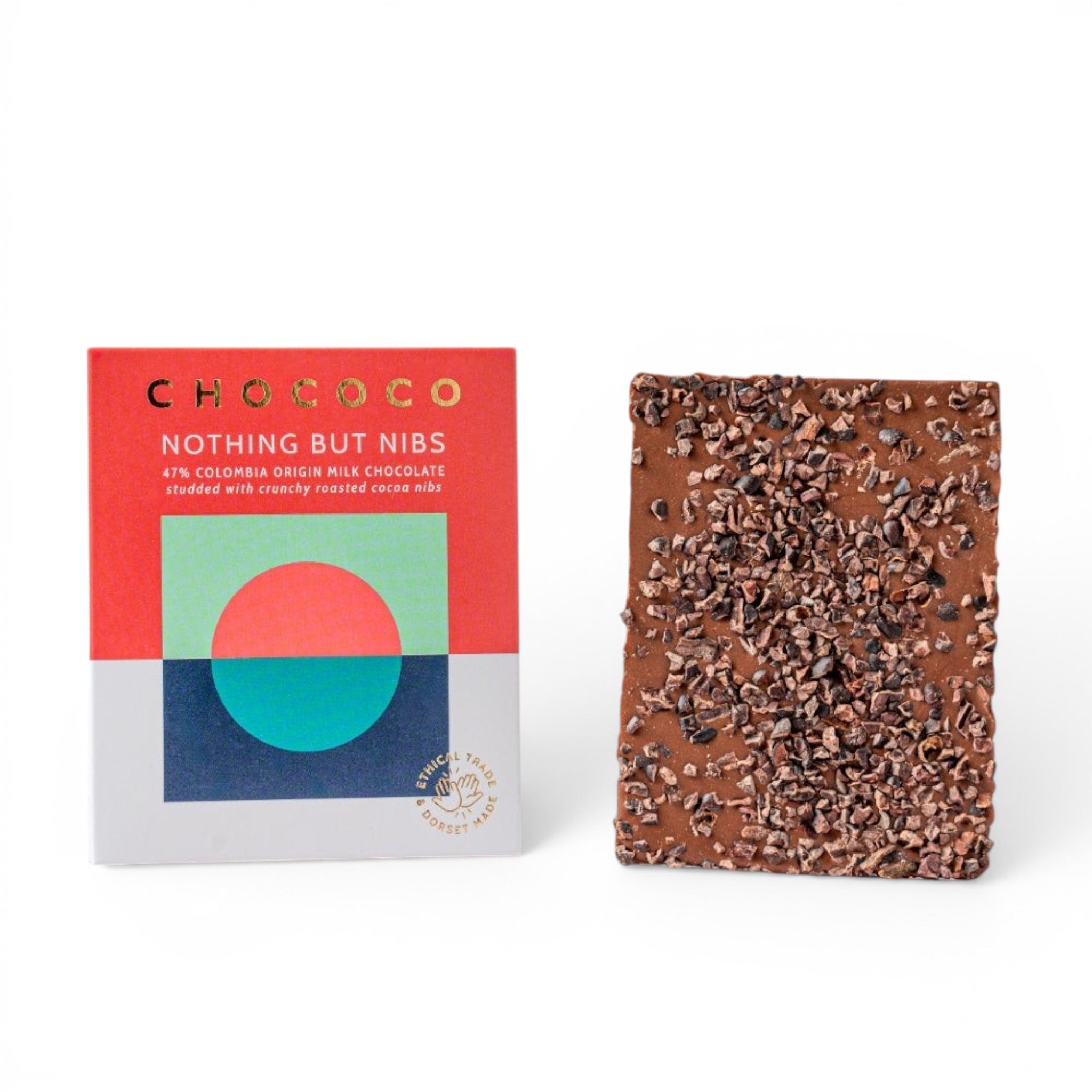Chococo Nothing But Nibs 47% milk chocolate bar, made in Dorset