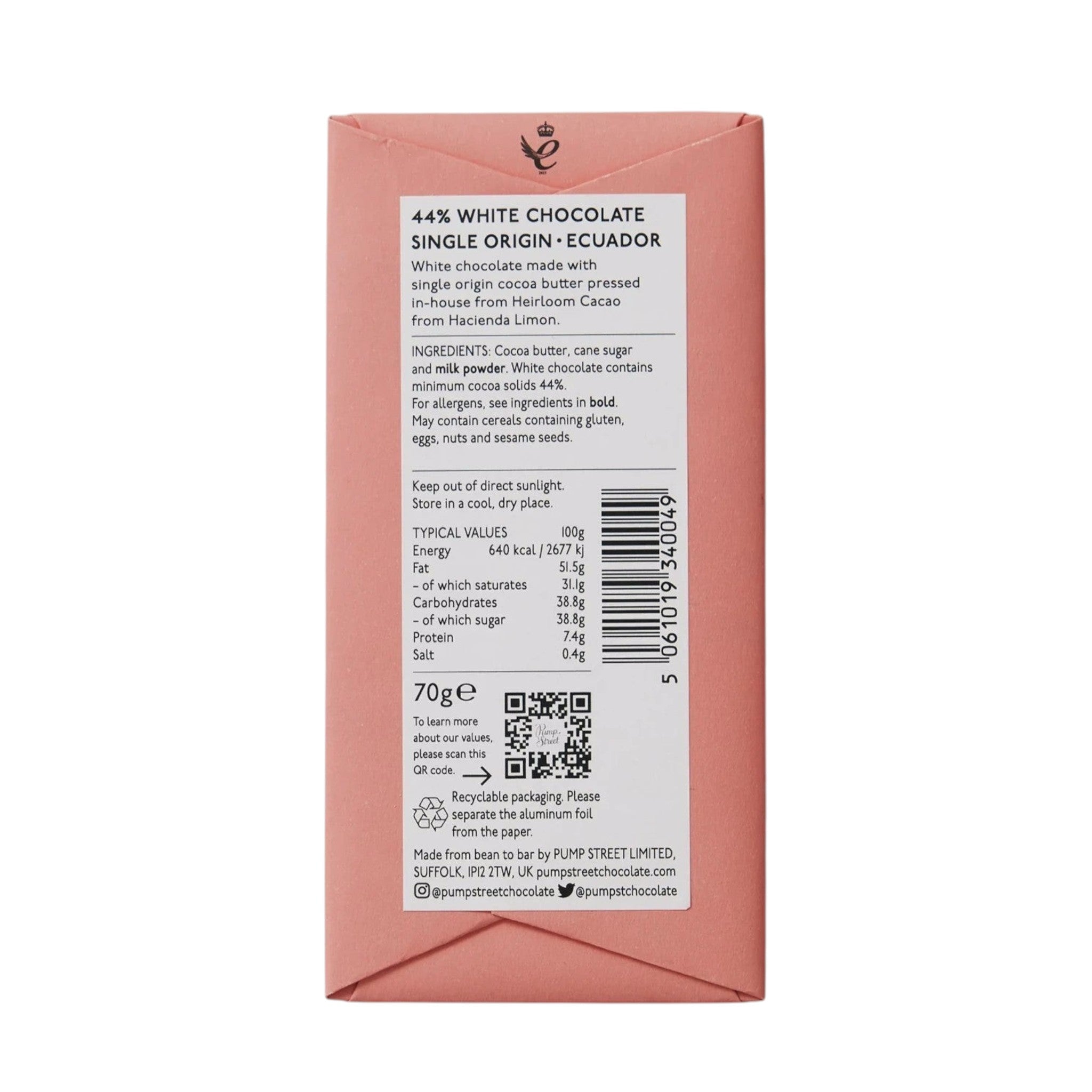 Made In England 44% Single Origin Ecuador white chocolate bar with tasting notes of custard, toffee, and dulce de leche.