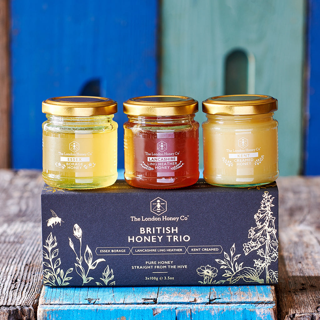 The London Honey Co. British Honey Trio Gift Set 3 x 100g, gift box and jars