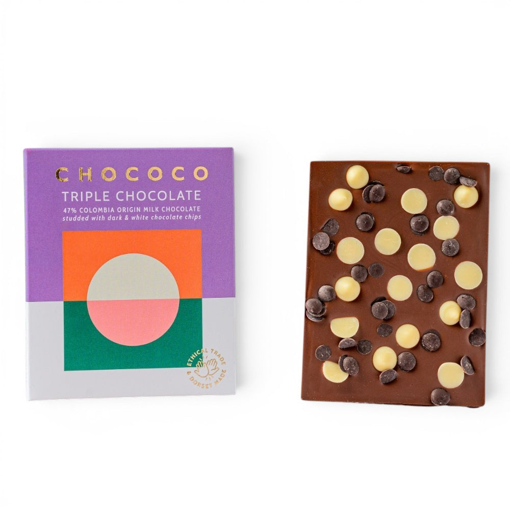 Chococo Triple Chocolate 47% milk chocolate bar with dark and white chocolate chips, made in Dorset